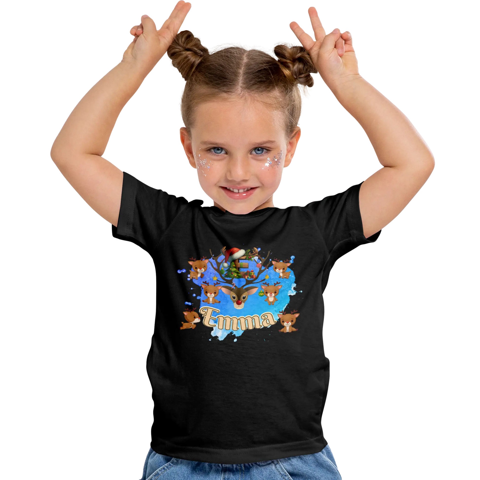 T-shirt personnalisé motif cerf de Noël avec bonnet de Noël pour les filles - Initiale et prénom - MiniLook