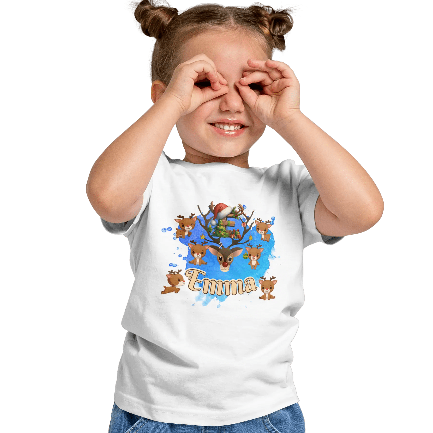 T-shirt personnalisé motif cerf de Noël avec bonnet de Noël pour les filles - Initiale et prénom - MiniLook