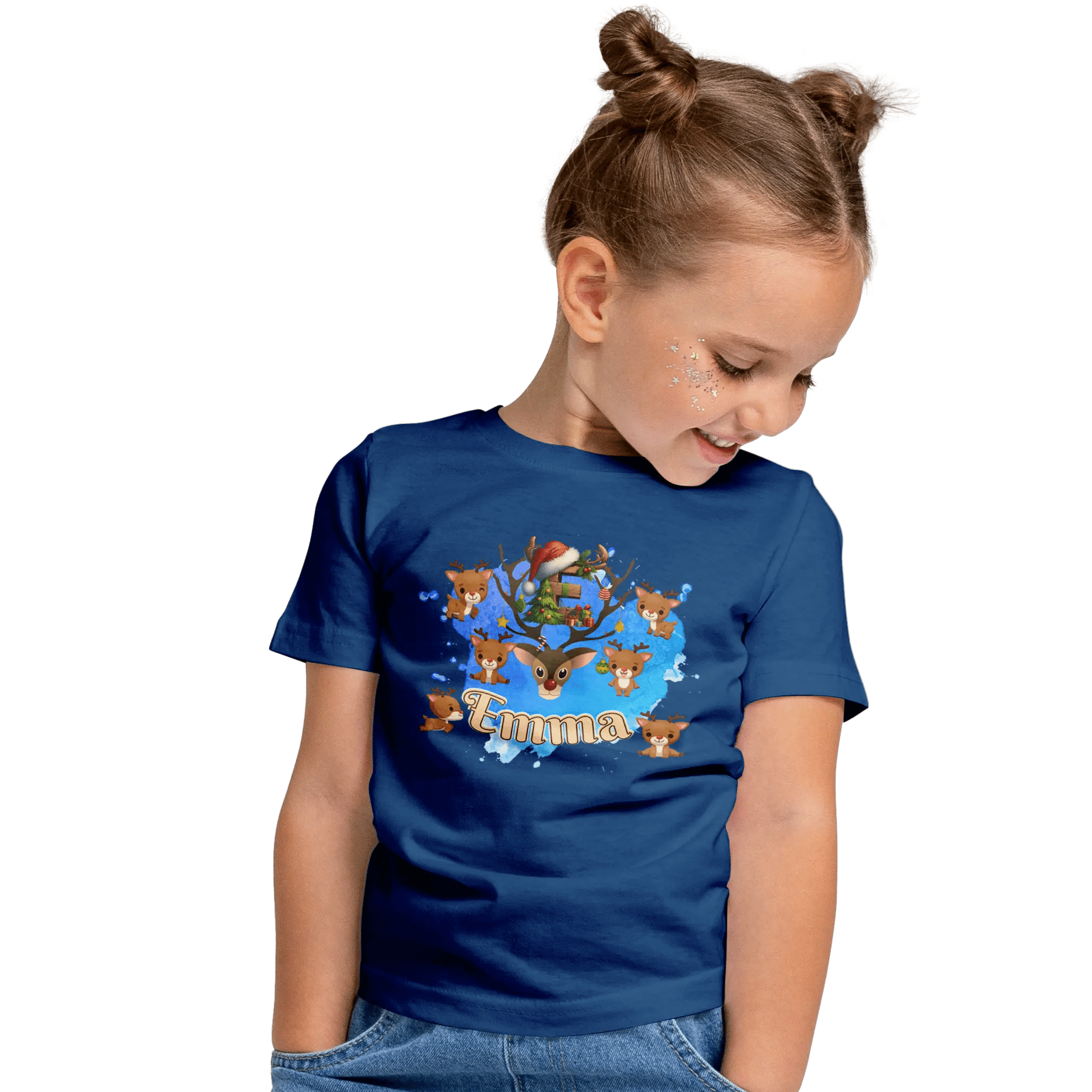 T-shirt personnalisé motif cerf de Noël avec bonnet de Noël pour les filles - Initiale et prénom - MiniLook