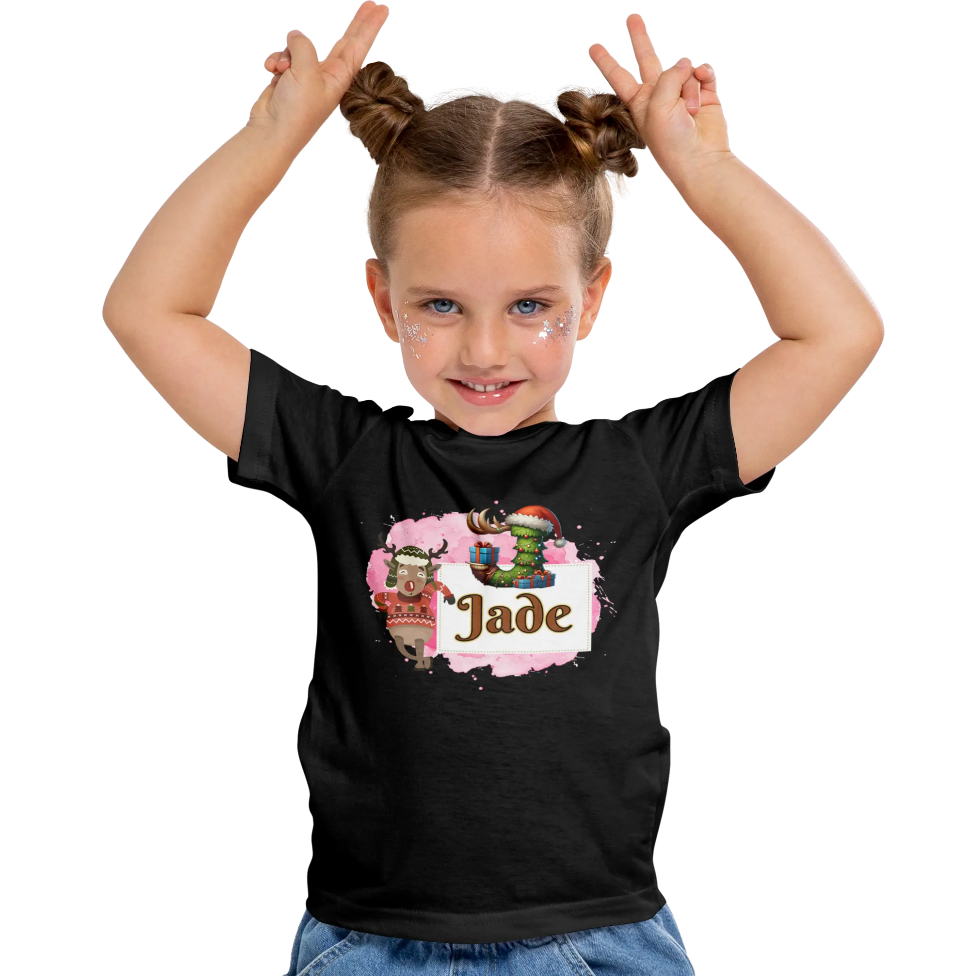 T-shirt personnalisé motif cerf de Noël pour fille - Initiale et prénom - MiniLook