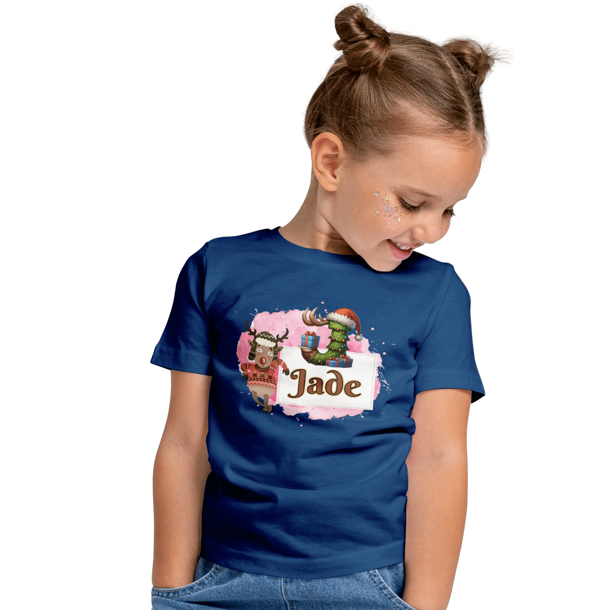 T-shirt personnalisé motif cerf de Noël pour fille - Initiale et prénom - MiniLook