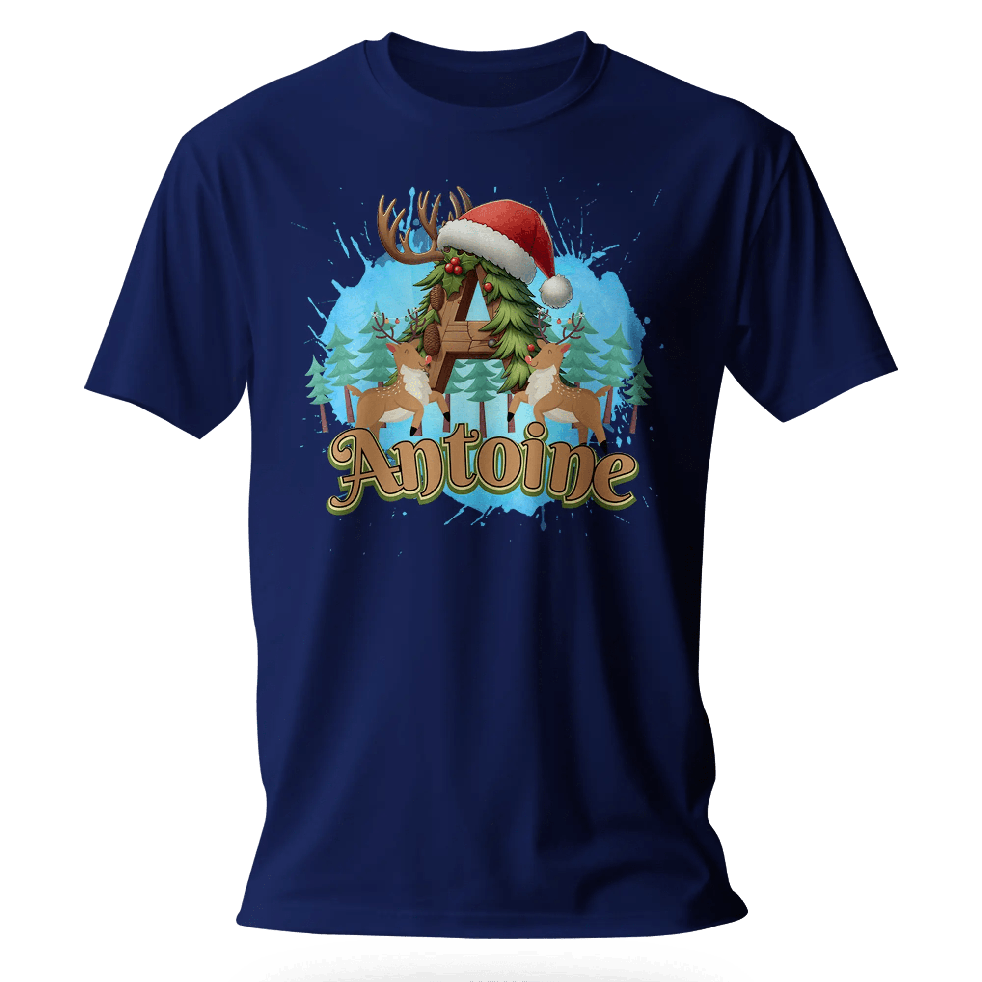 T-Shirt Personnalisé Motif Cerf & Sapin de Noël - Initiale et Prénom - MiniLook