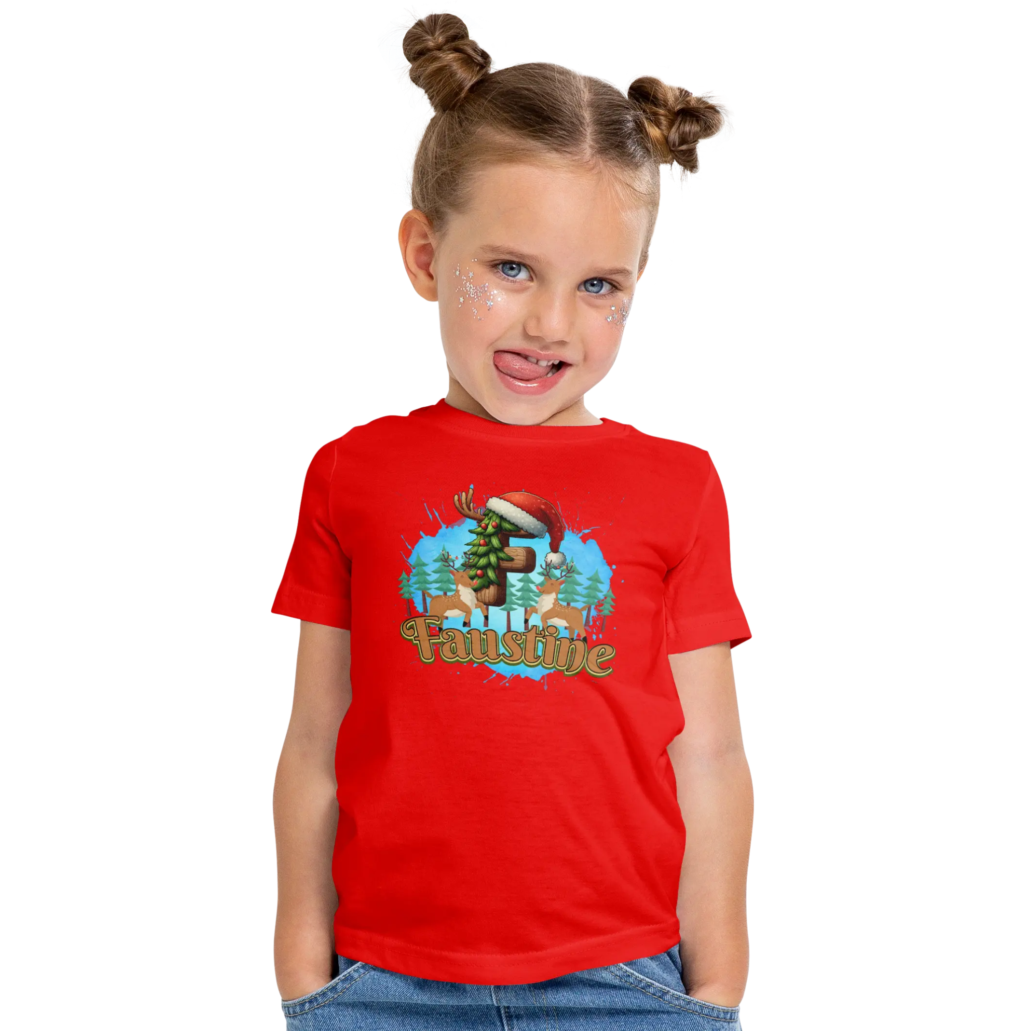 T-Shirt Personnalisé Motif Cerf & Sapin de Noël Pour Fille - Initiale et Prénom - MiniLook