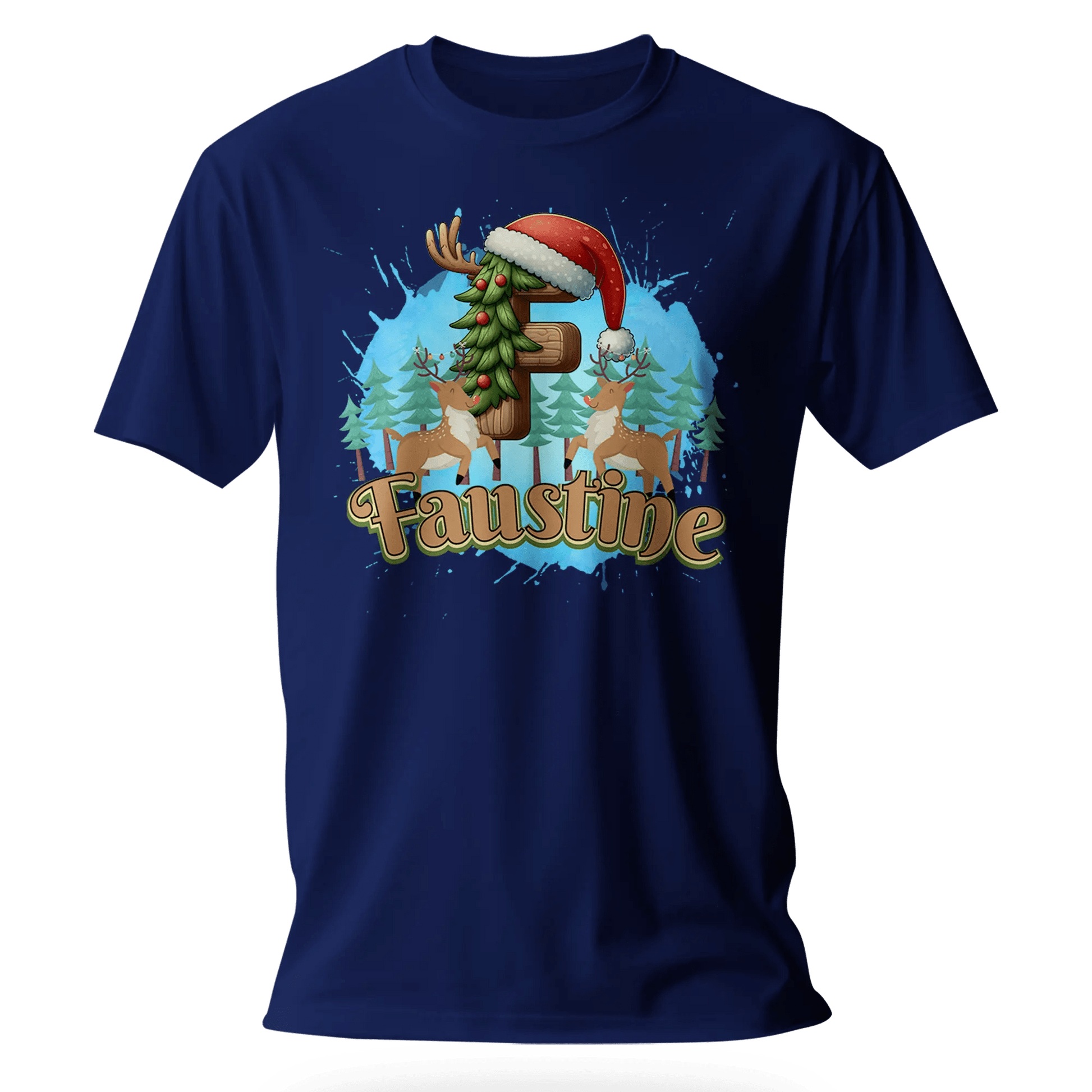 T-Shirt Personnalisé Motif Cerf & Sapin de Noël Pour Fille - Initiale et Prénom - MiniLook