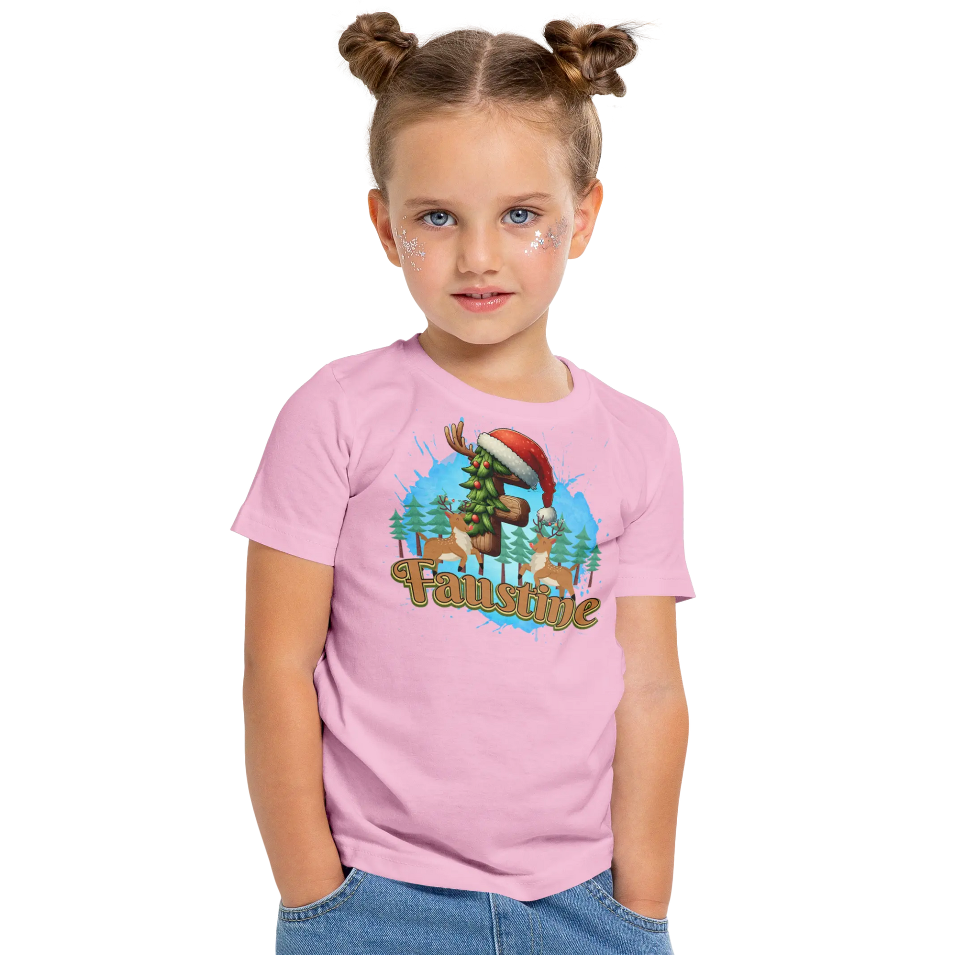 T-Shirt Personnalisé Motif Cerf & Sapin de Noël Pour Fille - Initiale et Prénom - MiniLook