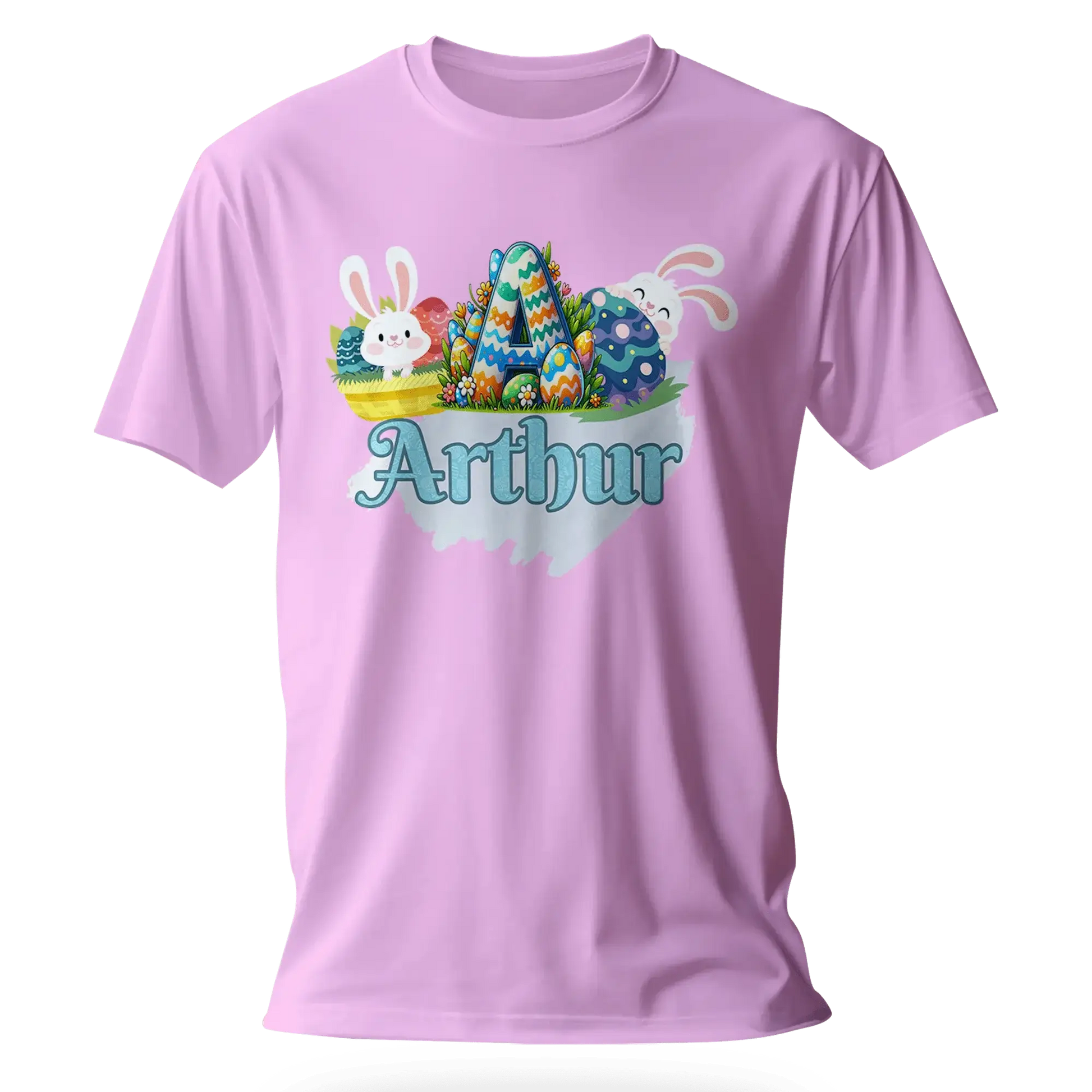 T-shirt personnalisé motif lapin de Pâques et seau de bonbons - Initiale et Prénom - MiniLook