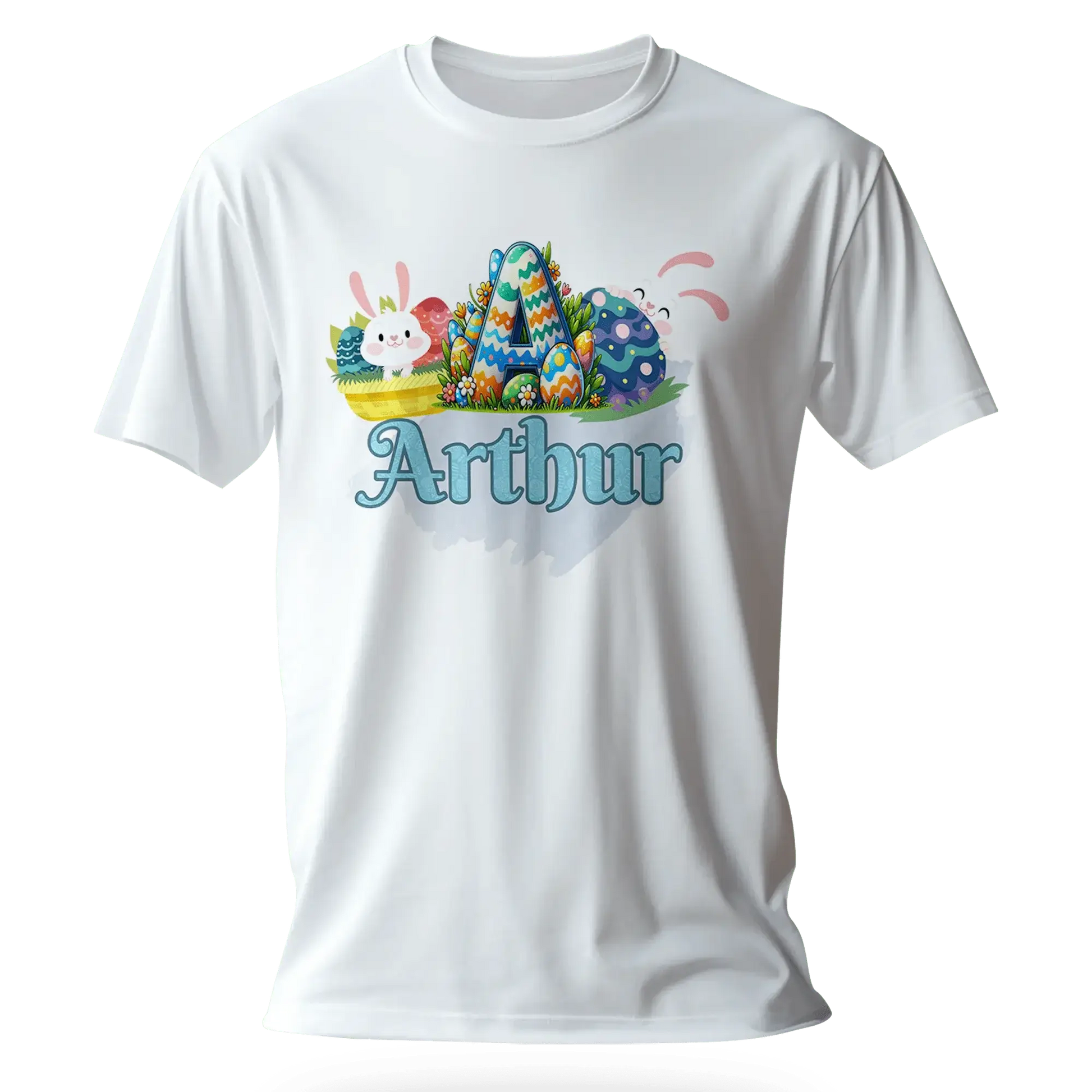 T-shirt personnalisé motif lapin de Pâques et seau de bonbons - Initiale et Prénom - MiniLook