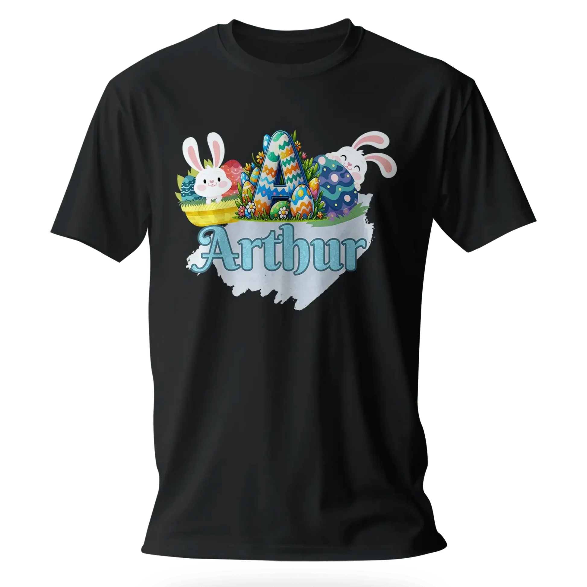 T-shirt personnalisé motif lapin de Pâques et seau de bonbons - Initiale et Prénom - MiniLook