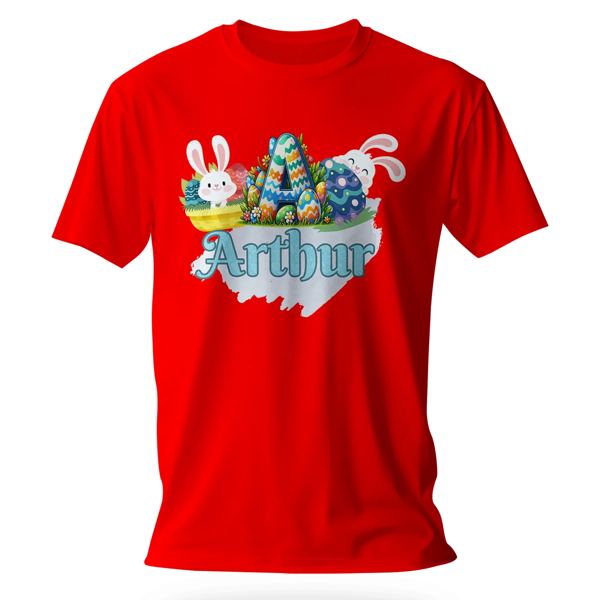 T-shirt personnalisé motif lapin de Pâques et seau de bonbons - Initiale et Prénom - MiniLook