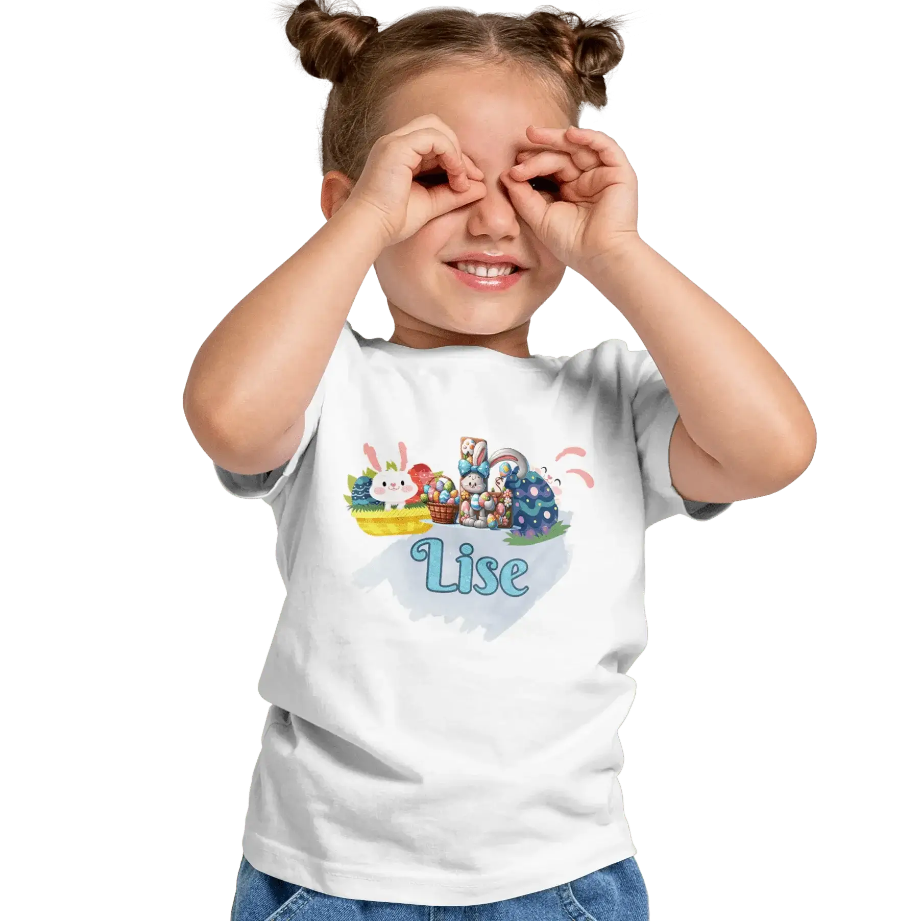 T-shirt personnalisé motif lapin de Pâques et seau de bonbons pour filles - Initiale et Prénom - MiniLook