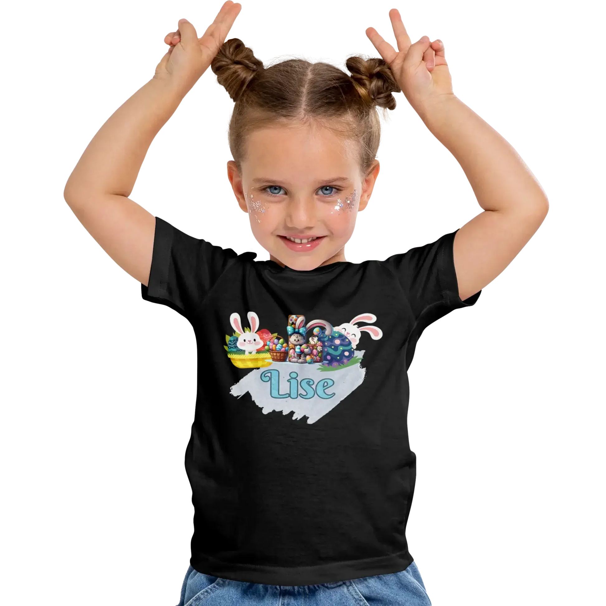 T-shirt personnalisé motif lapin de Pâques et seau de bonbons pour filles - Initiale et Prénom - MiniLook