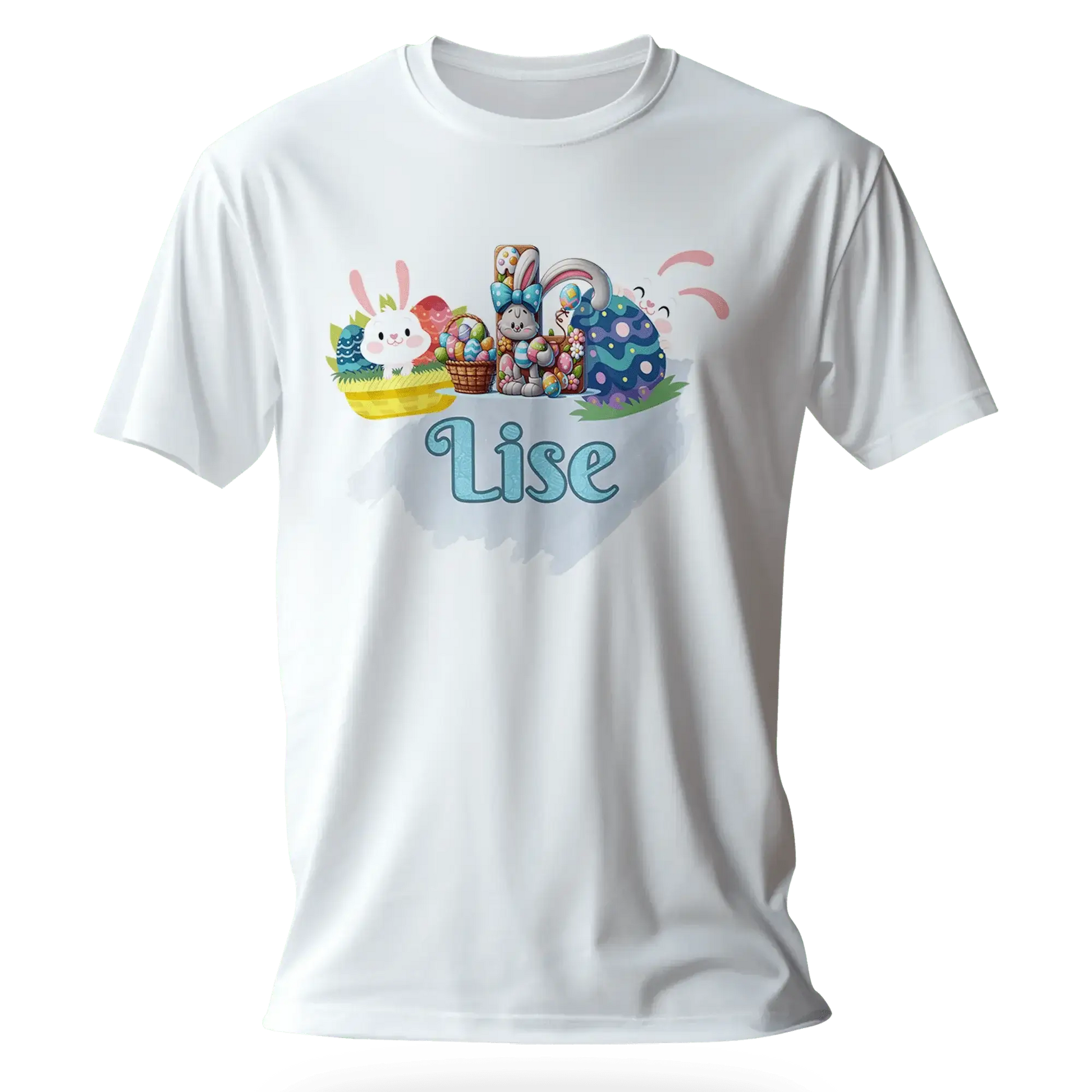 T-shirt personnalisé motif lapin de Pâques et seau de bonbons pour filles - Initiale et Prénom - MiniLook