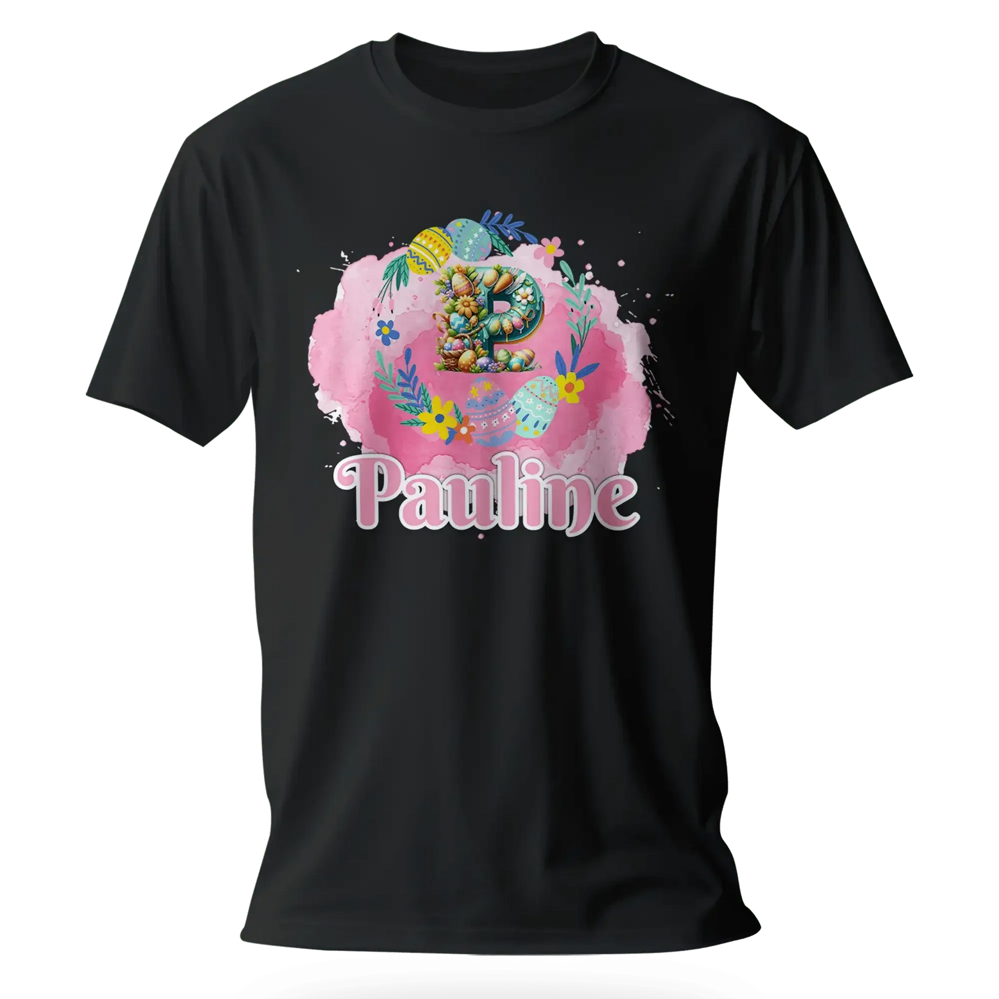 T-Shirt Personnalisé Motif Oeuf de Pâques & Fleurs Pour Fille - Initiale et Prénom - MiniLook