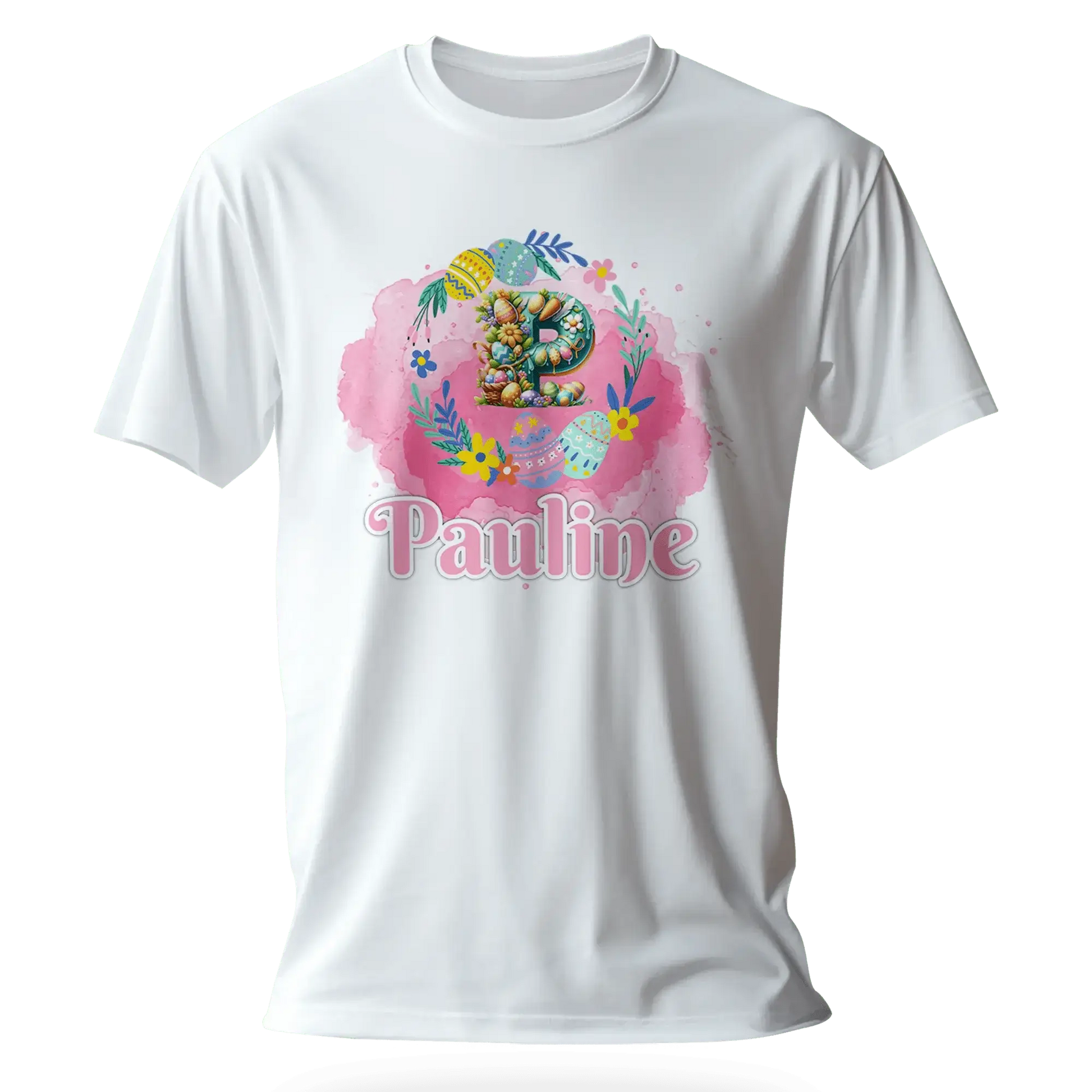 T-Shirt Personnalisé Motif Oeuf de Pâques & Fleurs Pour Fille - Initiale et Prénom - MiniLook