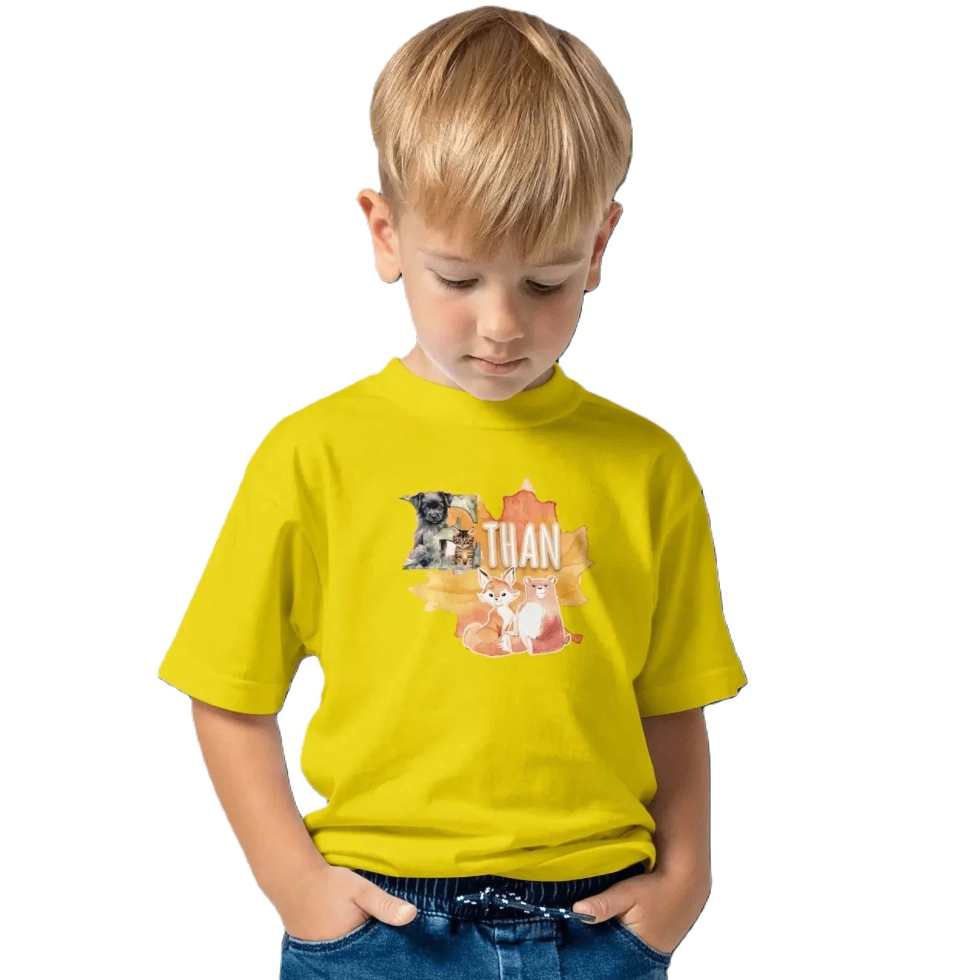 T shirt personnalisé pour enfants - Animaux d'automne avec initiale et prénom - MiniLook