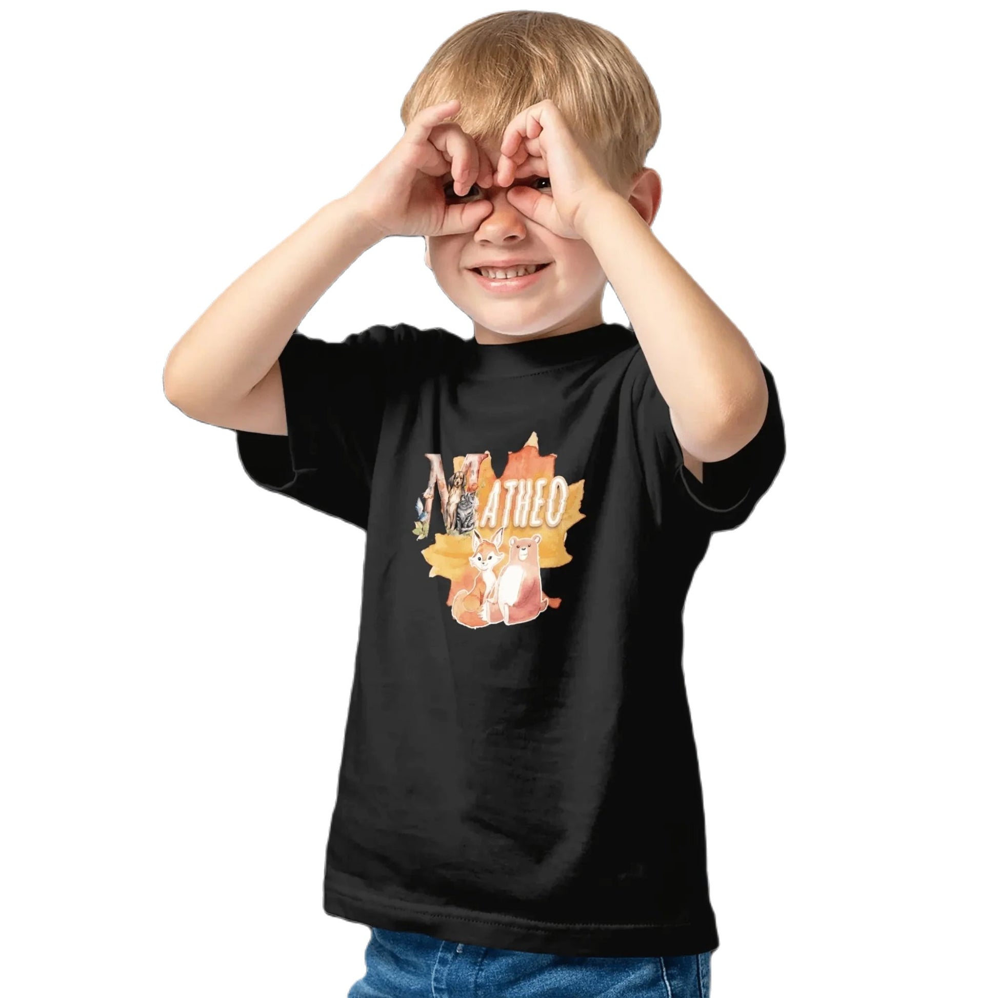 T shirt personnalisé pour enfants - Animaux d'automne avec initiale et prénom - MiniLook