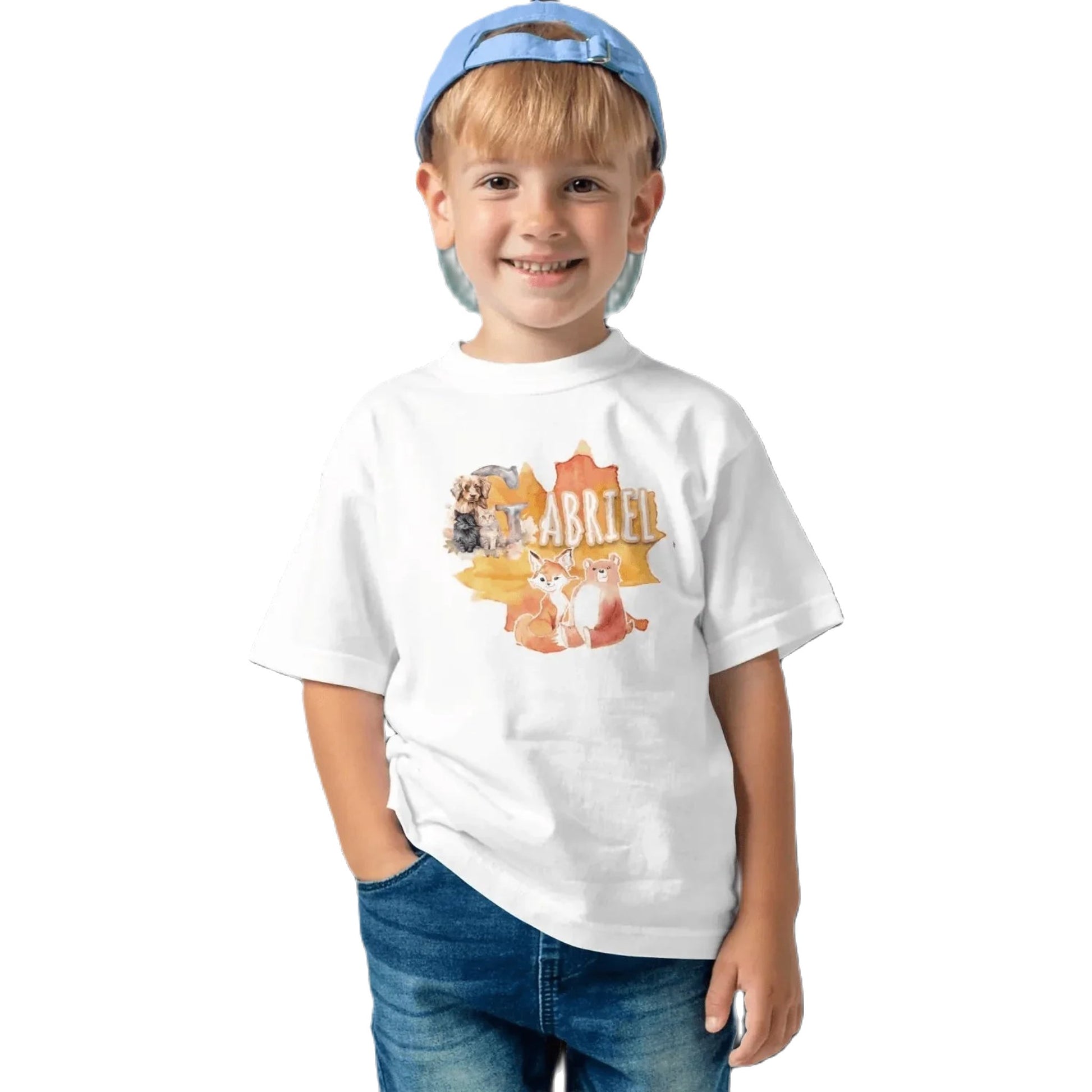 T shirt personnalisé pour enfants - Animaux d'automne avec initiale et prénom - MiniLook