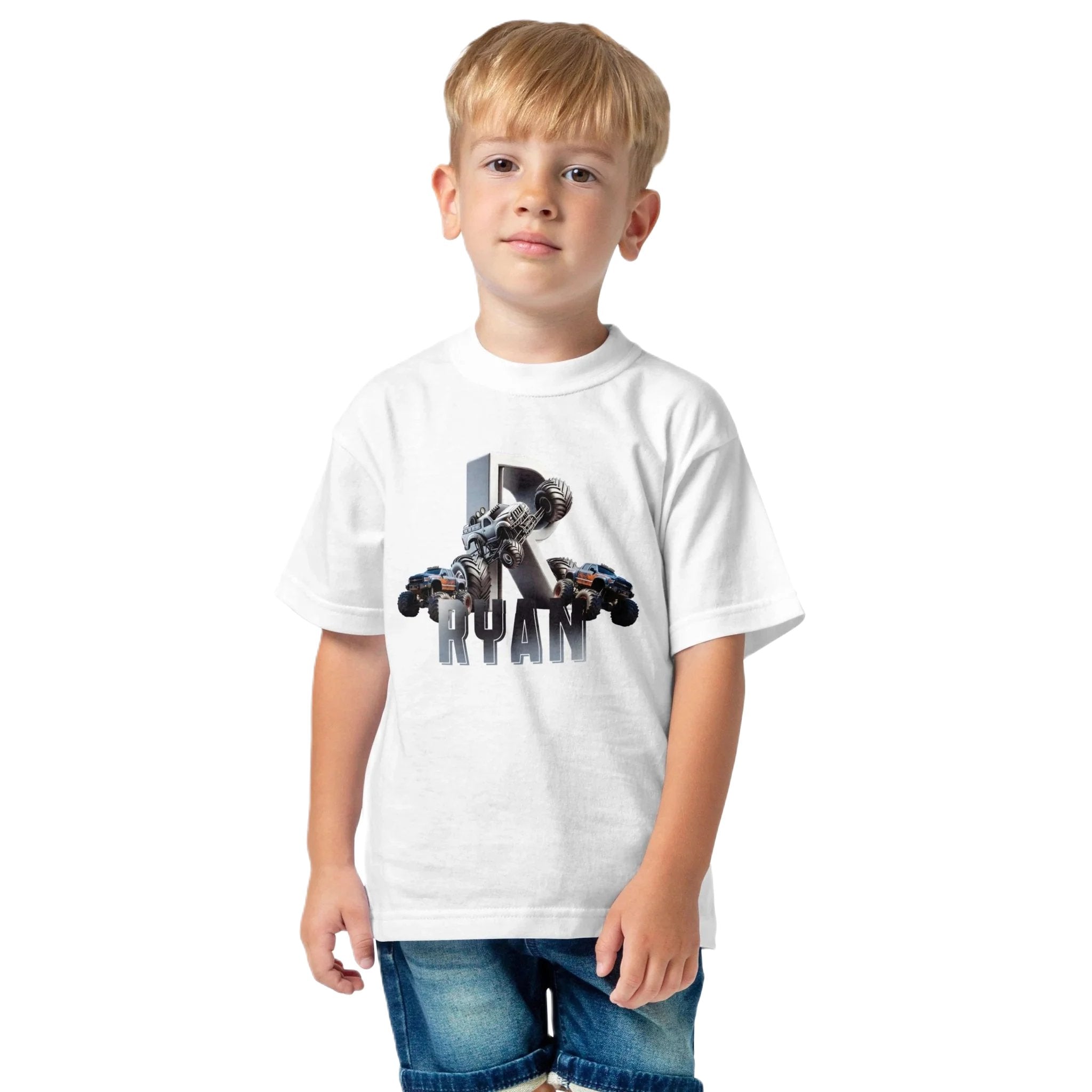 T shirt personnalisé pour enfants - Camion de course avec initiale et prenom - MiniLook