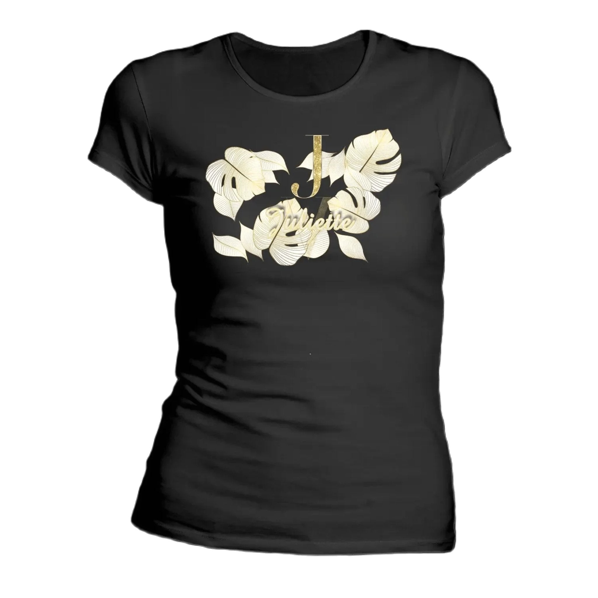 T shirt personnalisé pour femme - Motif feuille d'or avec prénom et initiale - MiniLook