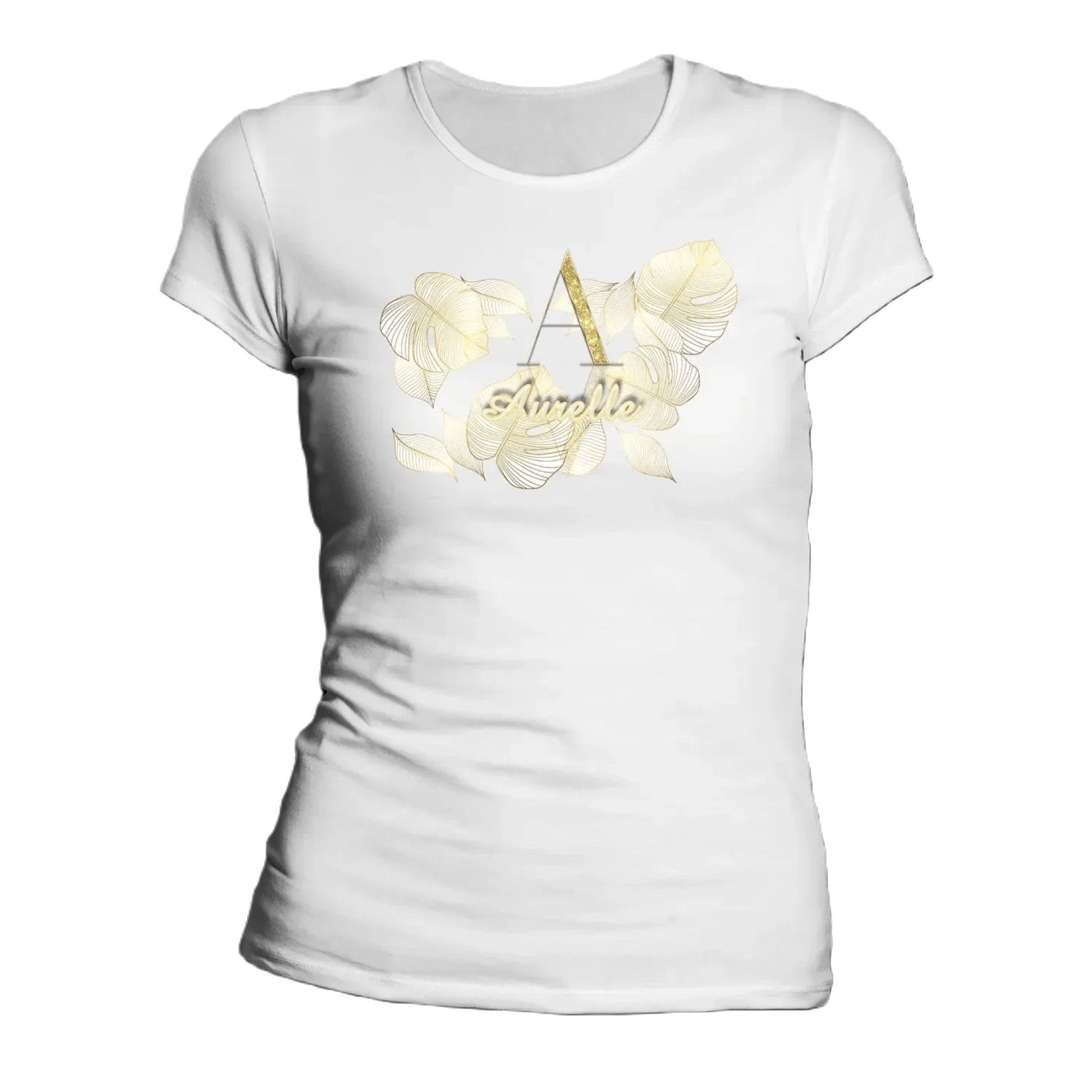 T shirt personnalisé pour femme - Motif feuille d'or avec prénom et initiale - MiniLook