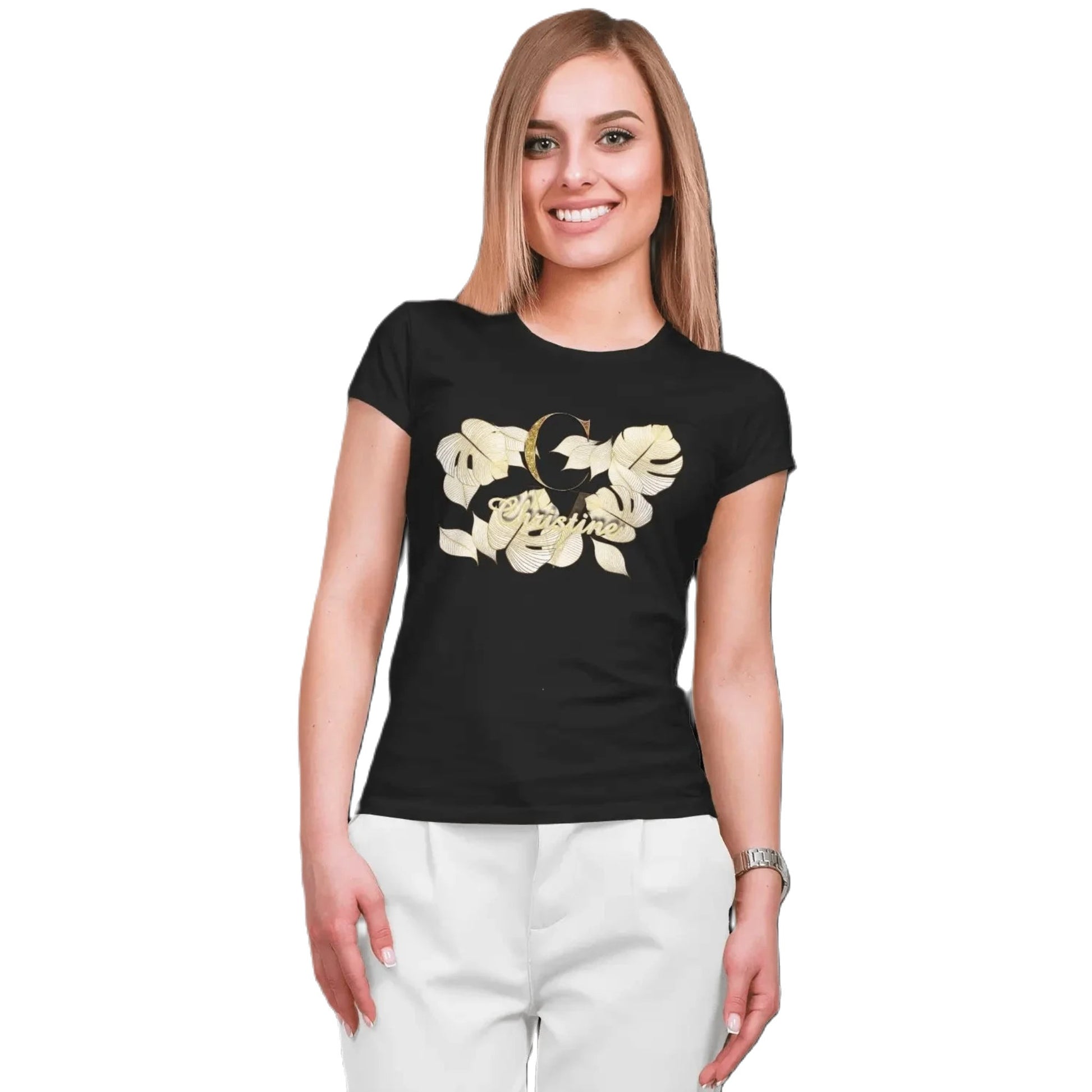 T shirt personnalisé pour femme - Motif feuille d'or avec prénom et initiale - MiniLook