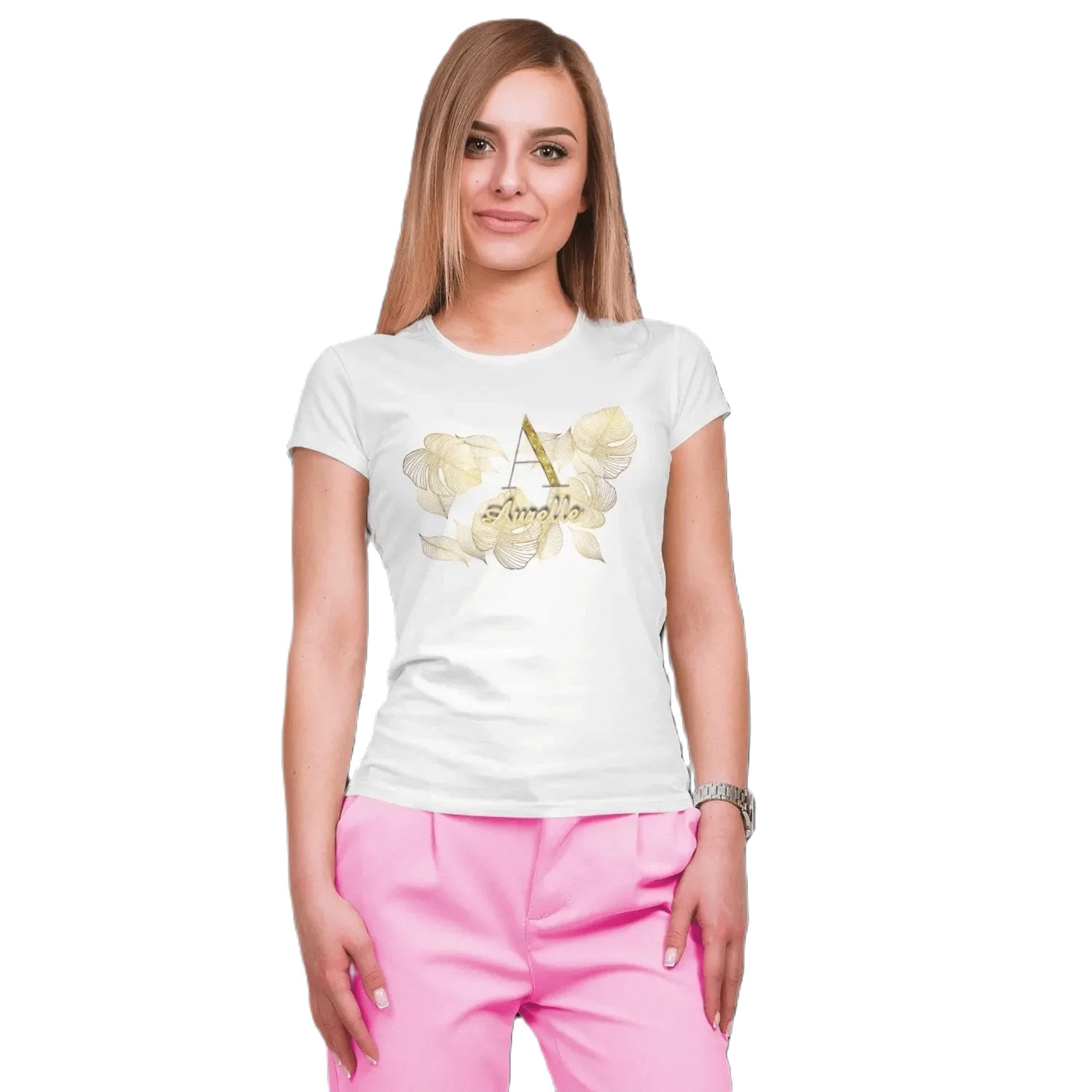 T shirt personnalisé pour femme - Motif feuille d'or avec prénom et initiale - MiniLook