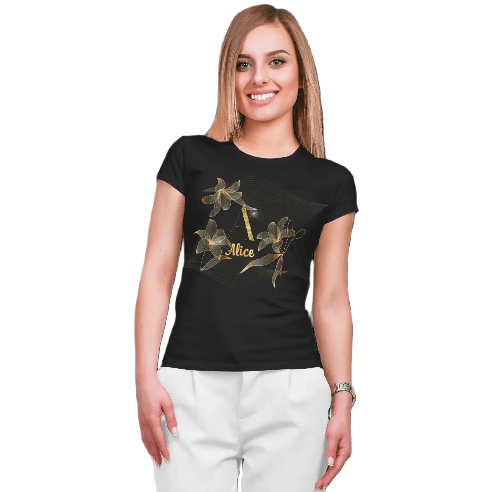 T shirt personnalisé pour femme - Motif fleur de lotus doré avec prénom et initiale - MiniLook