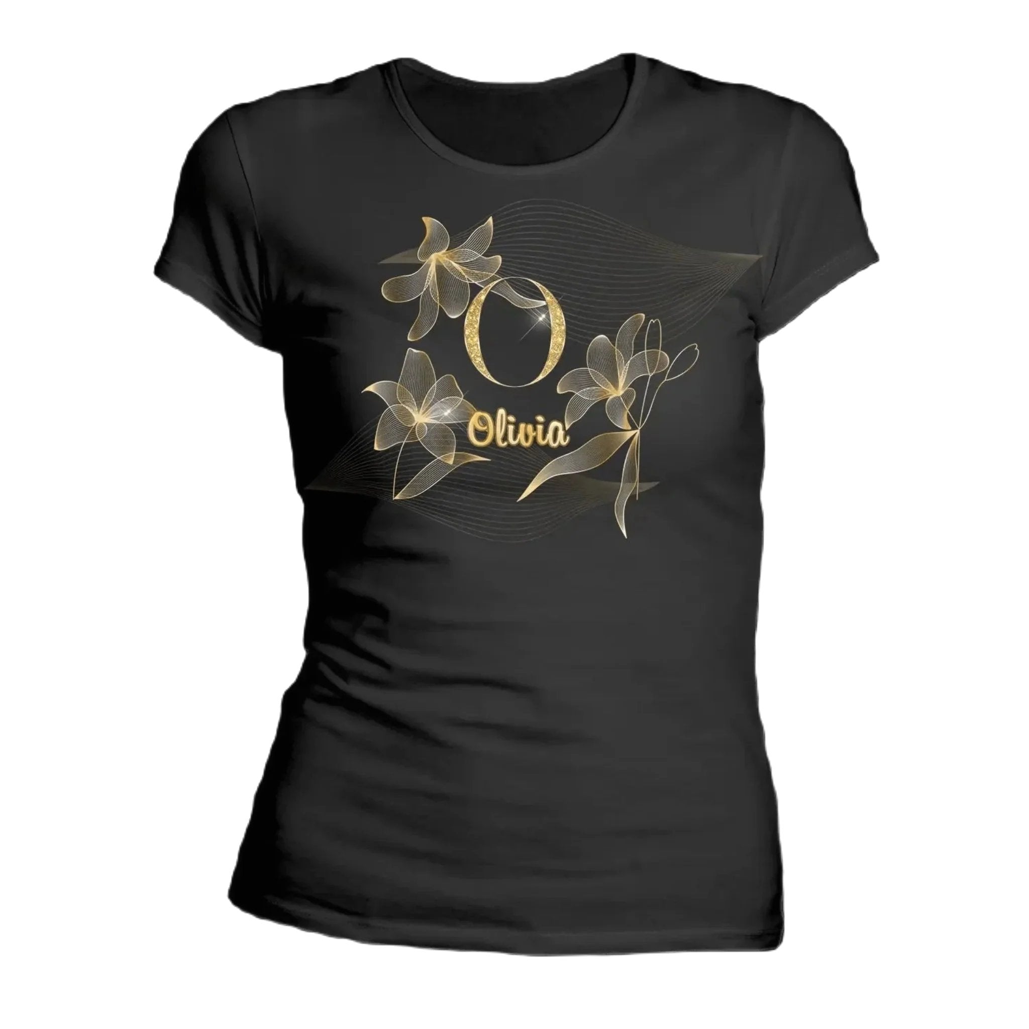 T shirt personnalisé pour femme - Motif fleur de lotus doré avec prénom et initiale - MiniLook