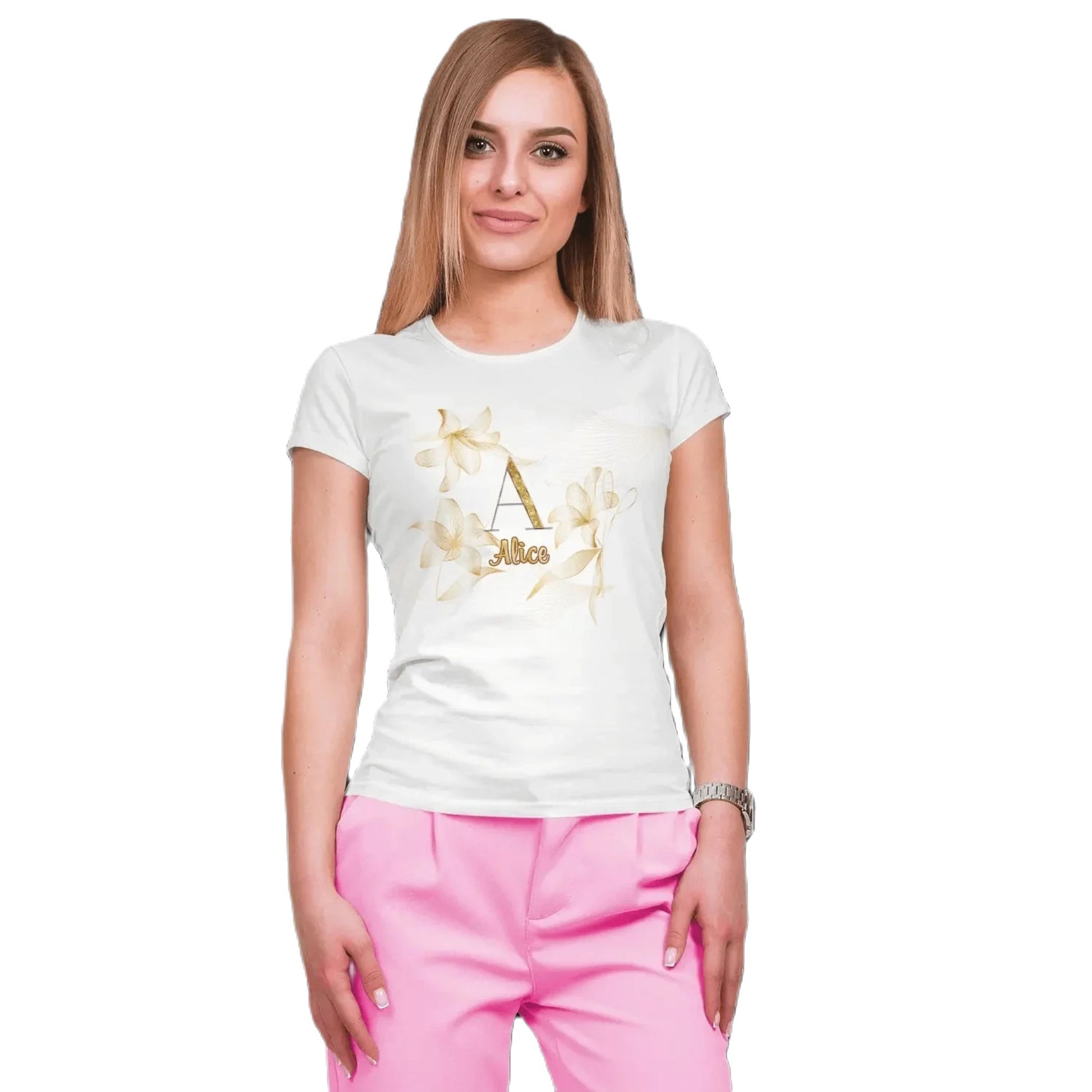 T shirt personnalisé pour femme - Motif fleur de lotus doré avec prénom et initiale - MiniLook