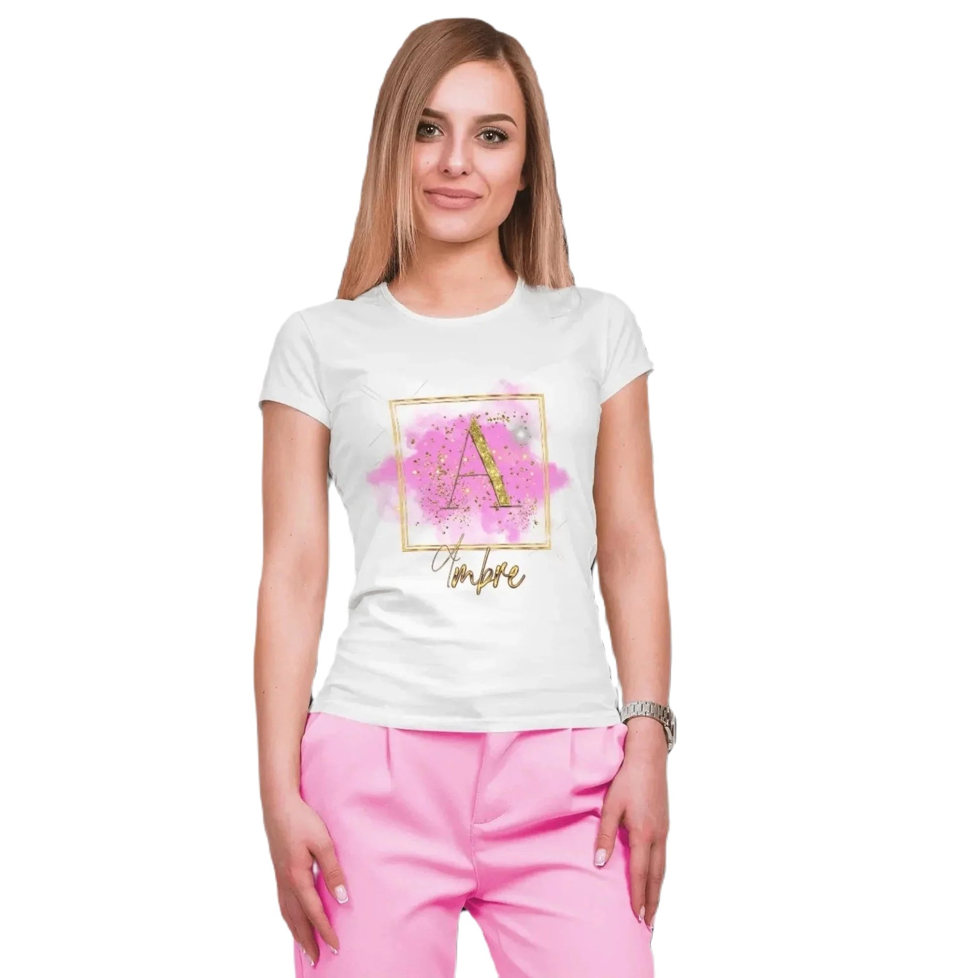 T shirt personnalisé pour femme - Paillettes dorées, poussière rose et étoiles avec prénom et initiale - MiniLook