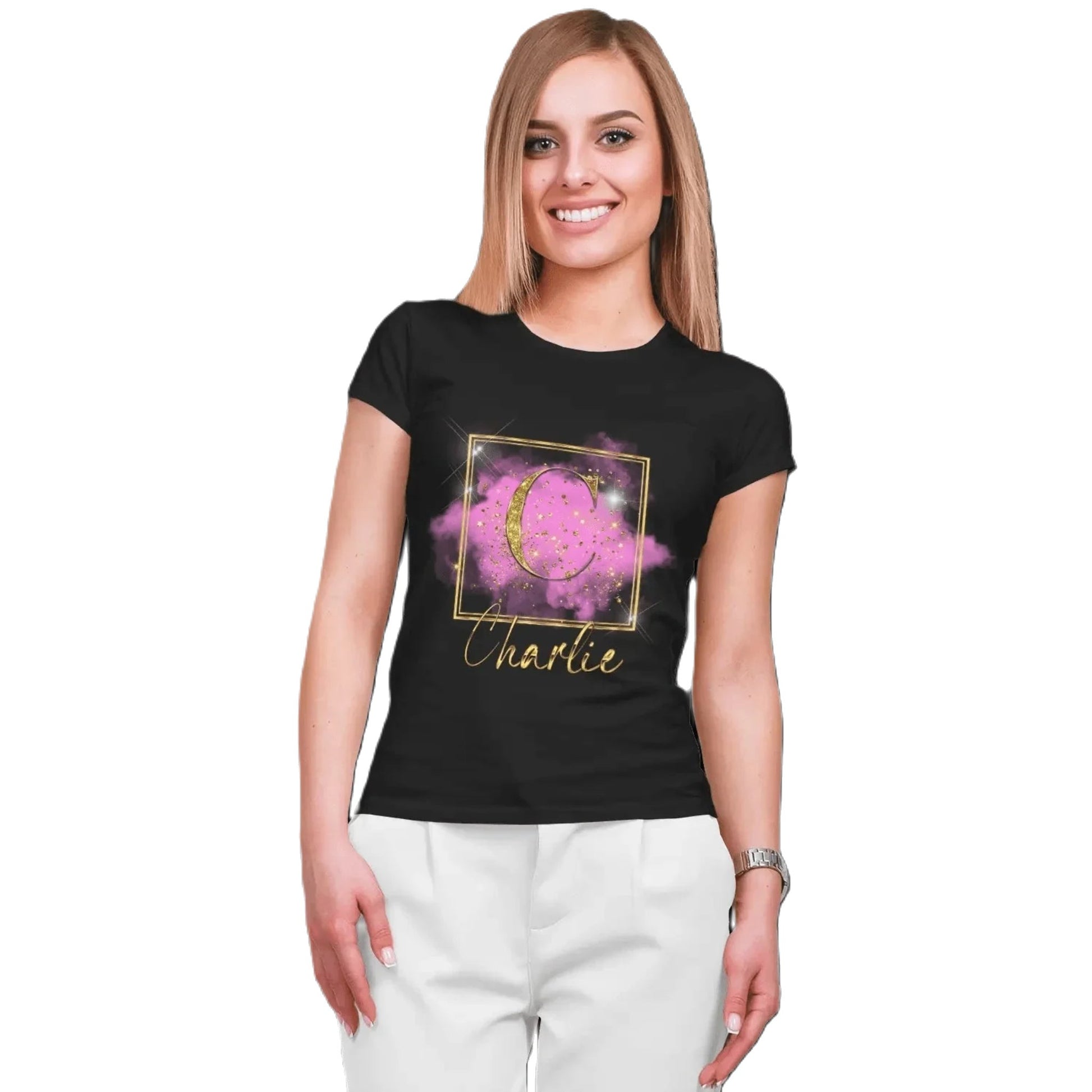 T shirt personnalisé pour femme - Paillettes dorées, poussière rose et étoiles avec prénom et initiale - MiniLook