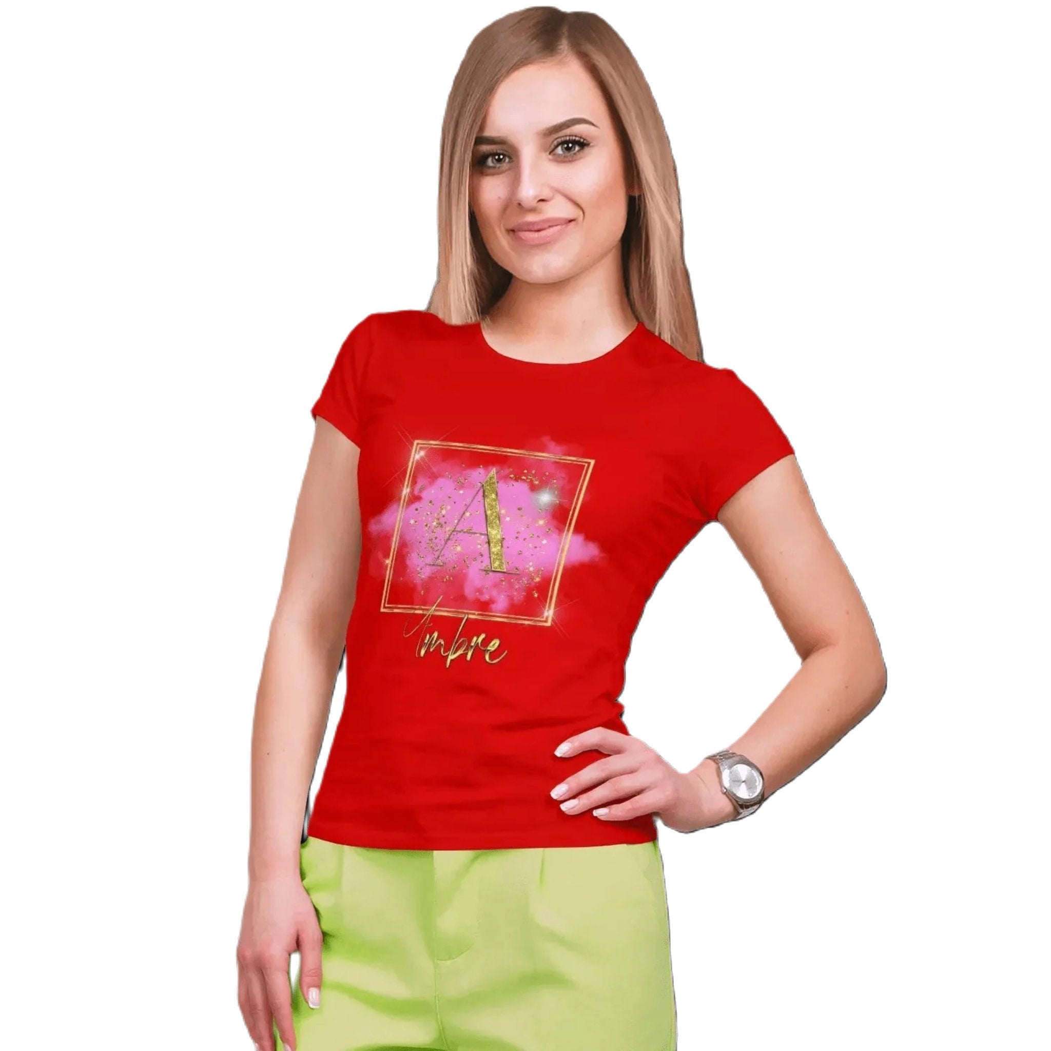 T shirt personnalisé pour femme - Paillettes dorées, poussière rose et étoiles avec prénom et initiale - MiniLook