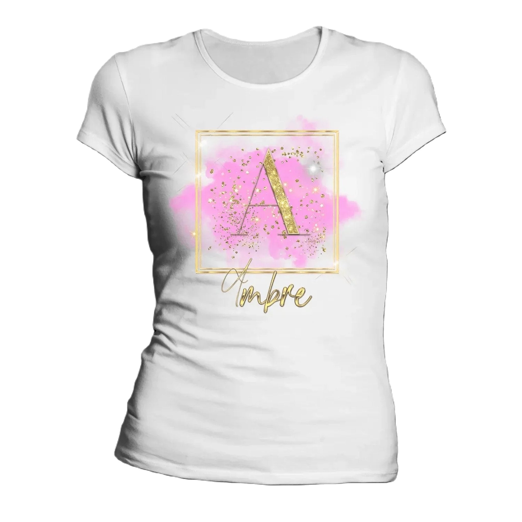 T shirt personnalisé pour femme - Paillettes dorées, poussière rose et étoiles avec prénom et initiale - MiniLook