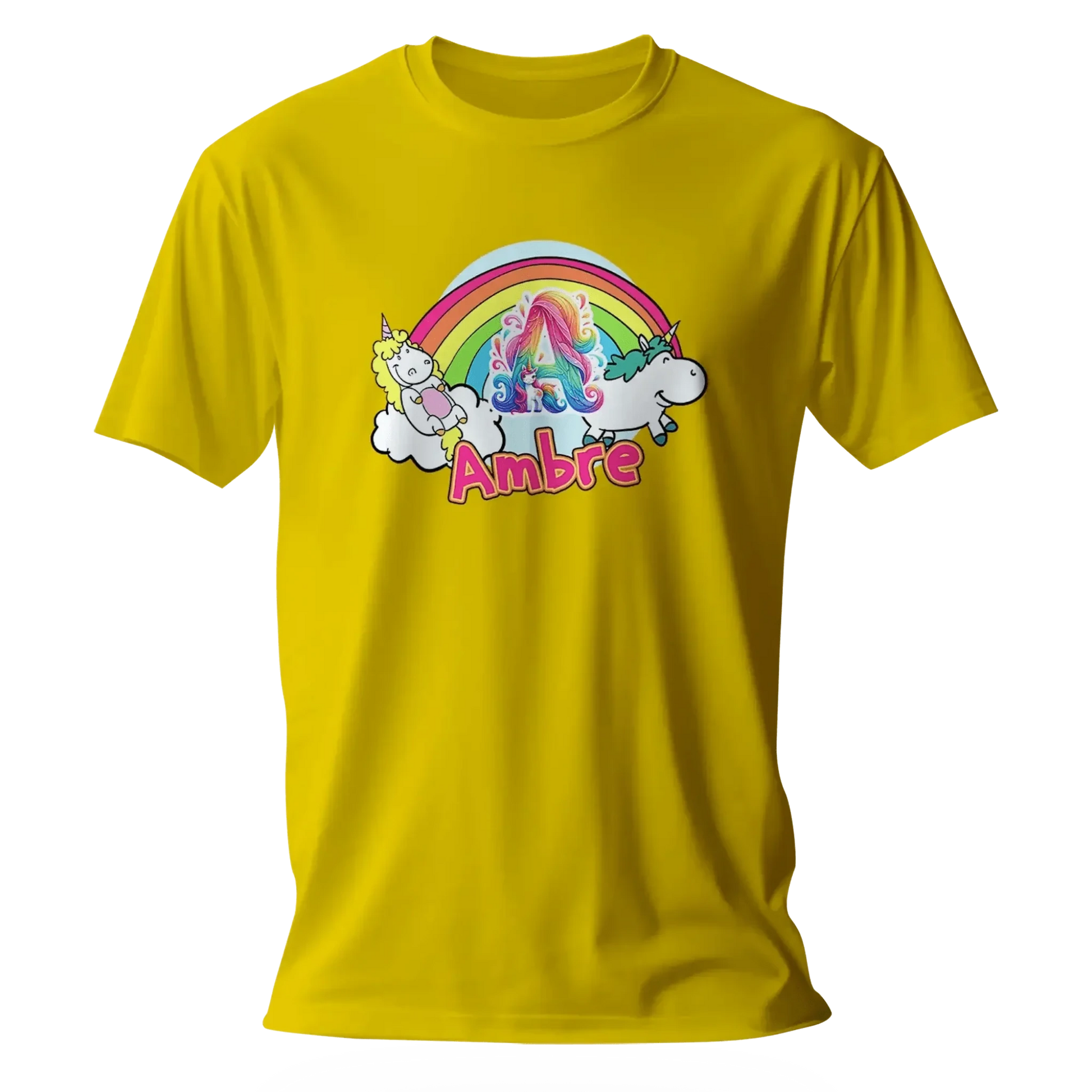 T shirt personnalisé pour fille - Licorne, arc - en - ciel et nuages avec prénom et initiale - MiniLook