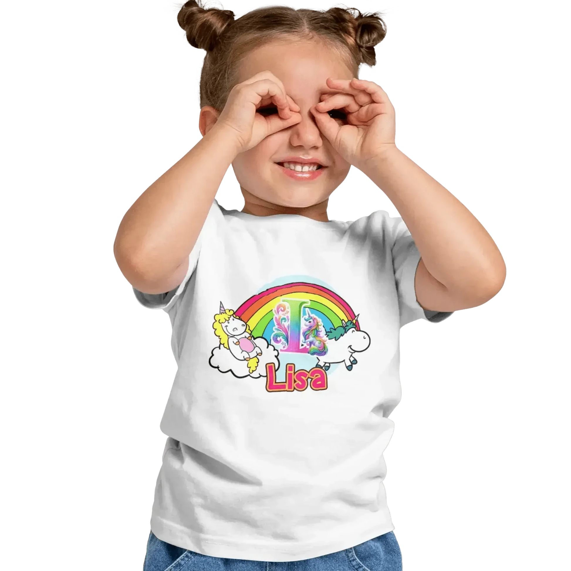 T shirt personnalisé pour fille - Licorne, arc - en - ciel et nuages avec prénom et initiale - MiniLook