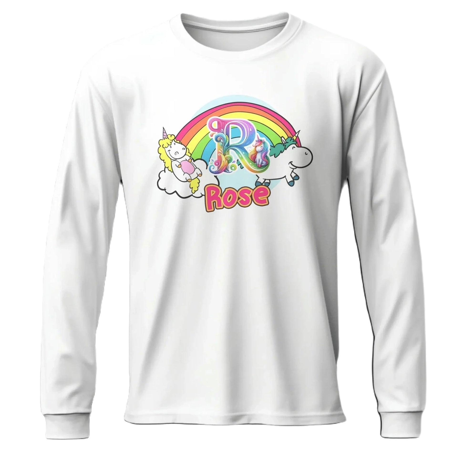 T shirt personnalisé pour fille - Licorne, arc - en - ciel et nuages avec prénom et initiale - MiniLook