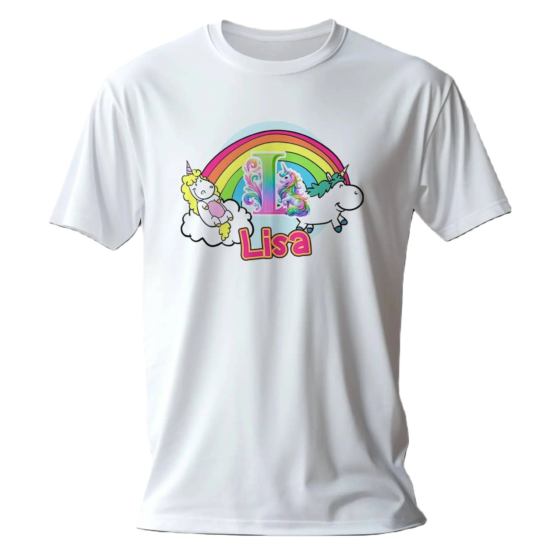 T shirt personnalisé pour fille - Licorne, arc - en - ciel et nuages avec prénom et initiale - MiniLook