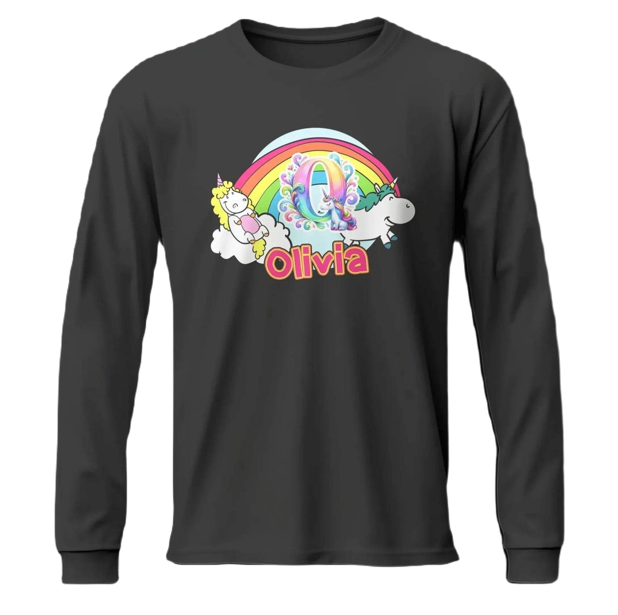 T shirt personnalisé pour fille - Licorne, arc - en - ciel et nuages avec prénom et initiale - MiniLook