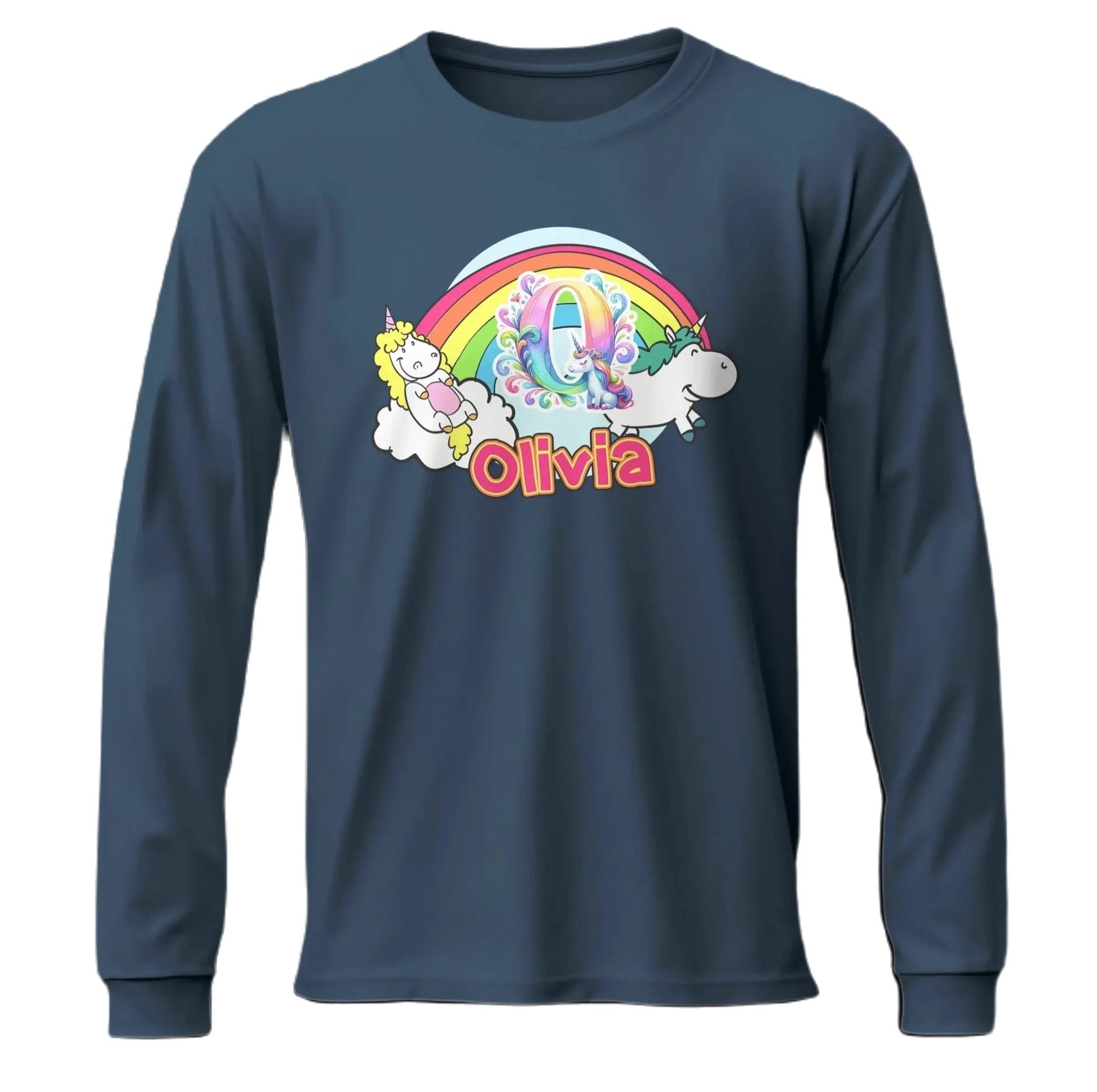 T shirt personnalisé pour fille - Licorne, arc - en - ciel et nuages avec prénom et initiale - MiniLook