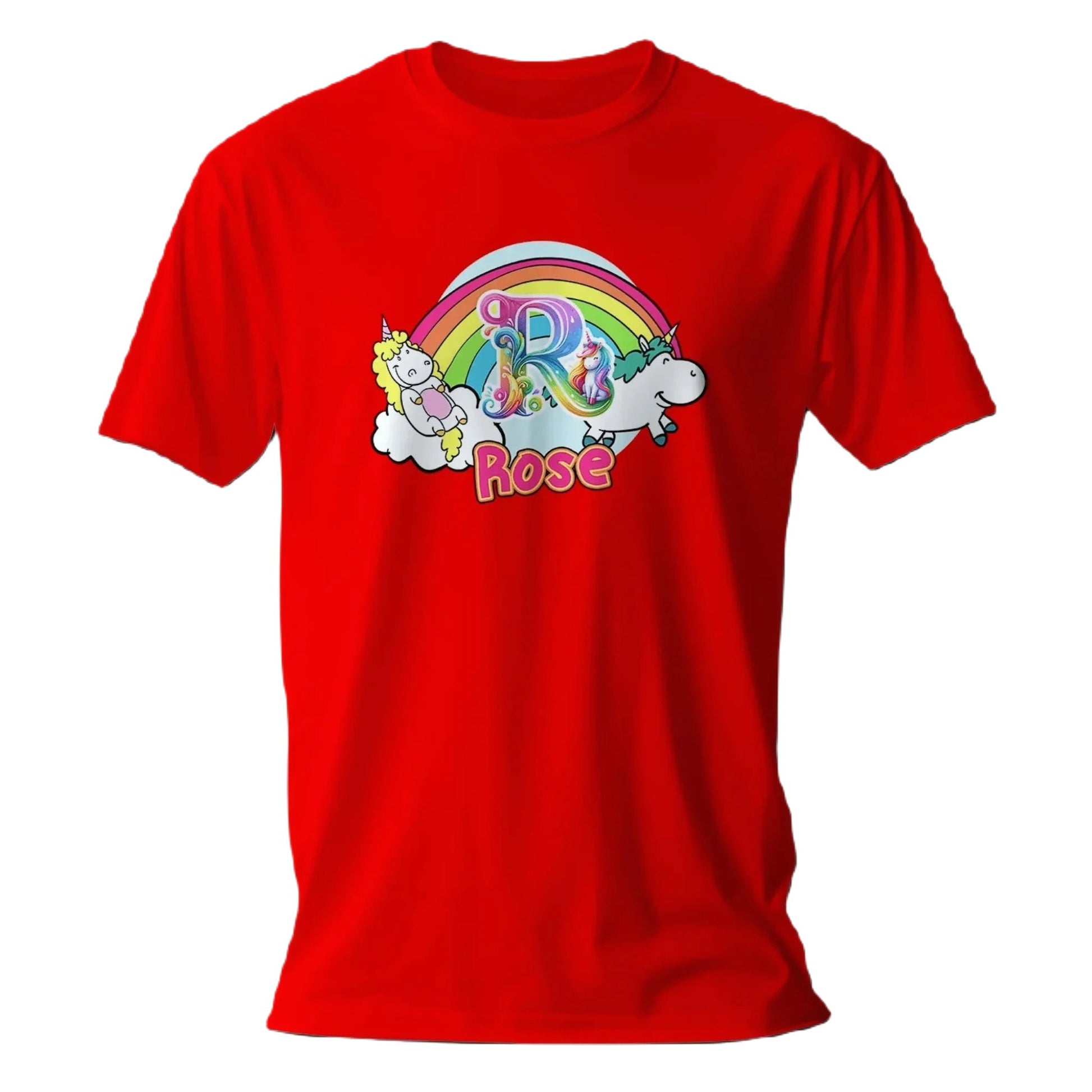 T shirt personnalisé pour fille - Licorne, arc - en - ciel et nuages avec prénom et initiale - MiniLook