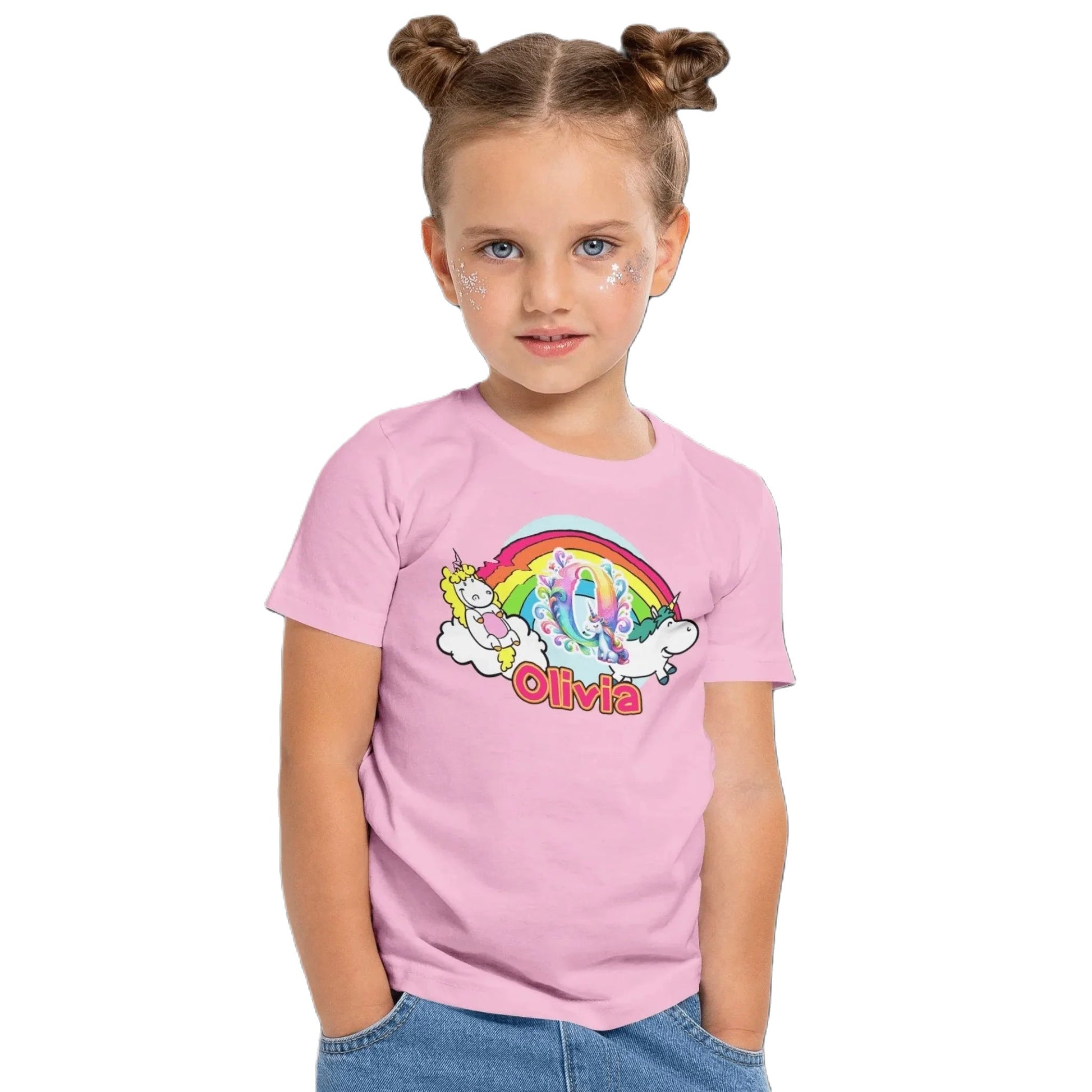 T shirt personnalisé pour fille - Licorne, arc - en - ciel et nuages avec prénom et initiale - MiniLook