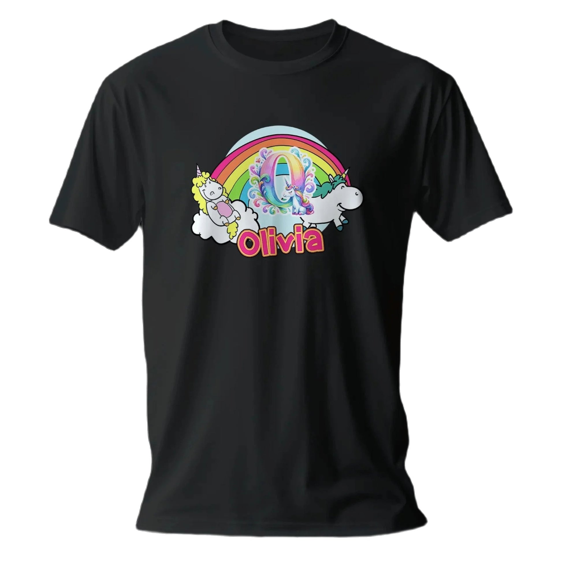 T shirt personnalisé pour fille - Licorne, arc - en - ciel et nuages avec prénom et initiale - MiniLook