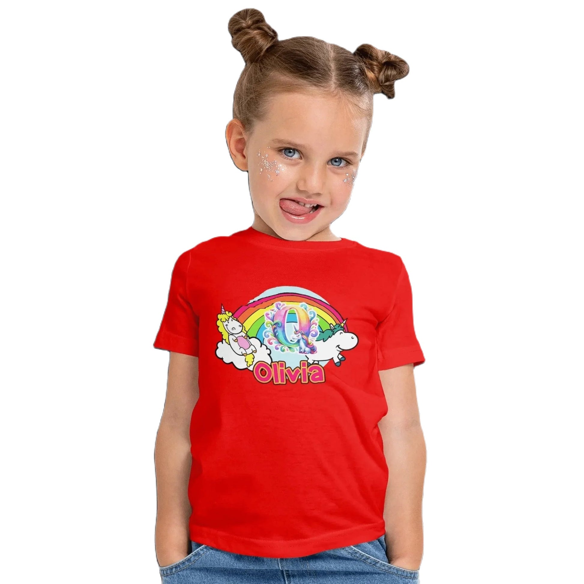 T shirt personnalisé pour fille - Licorne, arc - en - ciel et nuages avec prénom et initiale - MiniLook