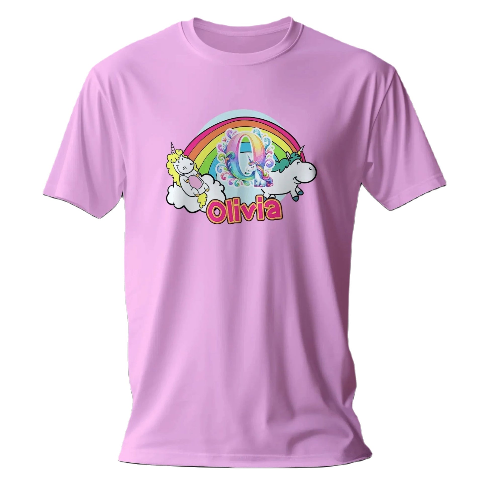 T shirt personnalisé pour fille - Licorne, arc - en - ciel et nuages avec prénom et initiale - MiniLook