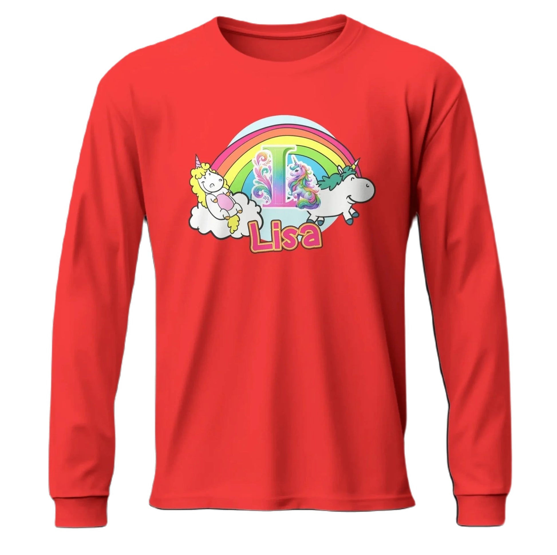 T shirt personnalisé pour fille - Licorne, arc - en - ciel et nuages avec prénom et initiale - MiniLook