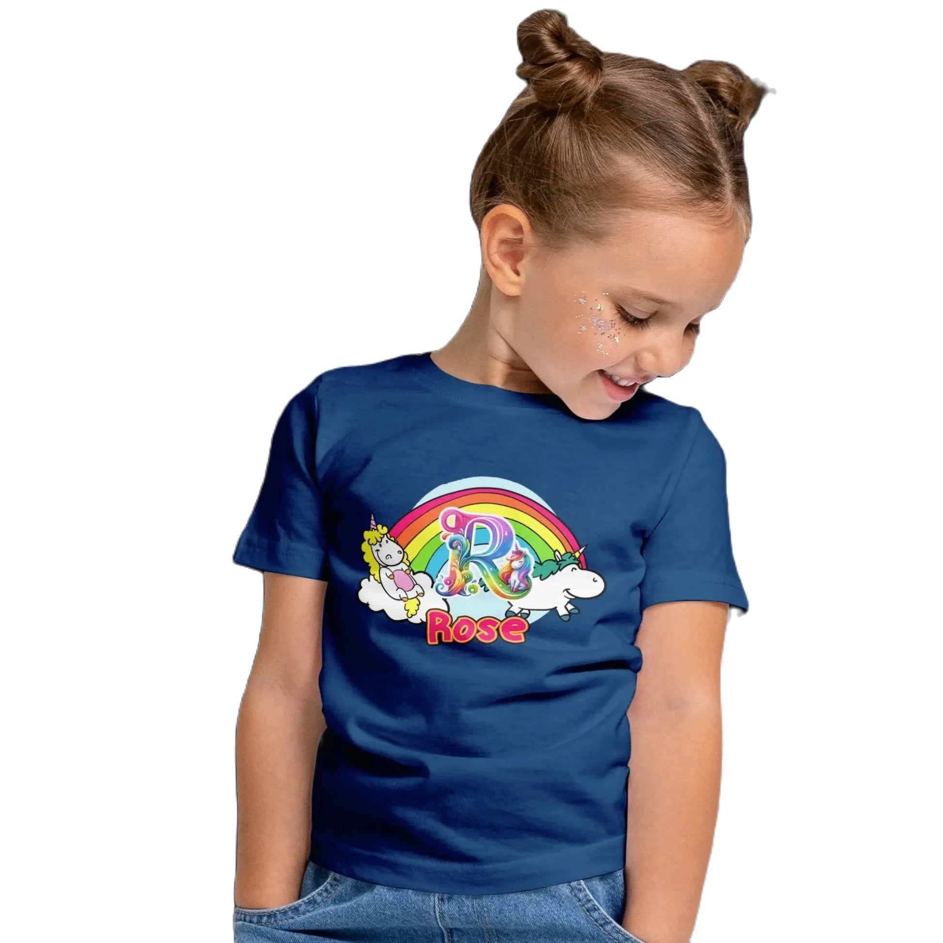 T shirt personnalisé pour fille - Licorne, arc - en - ciel et nuages avec prénom et initiale - MiniLook