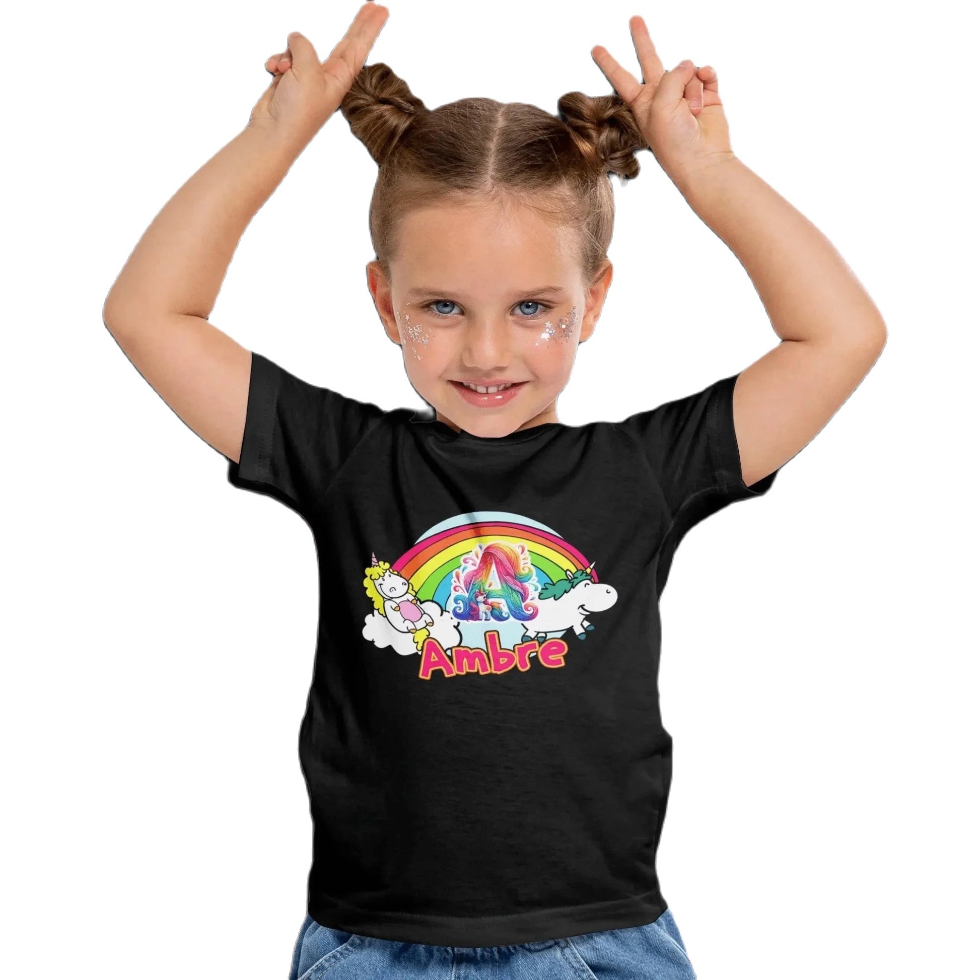 T shirt personnalisé pour fille - Licorne, arc - en - ciel et nuages avec prénom et initiale - MiniLook