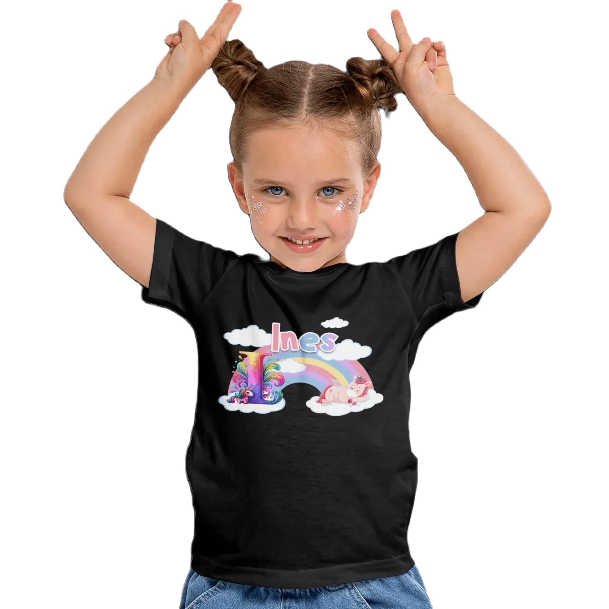 T shirt personnalisé pour fille - Licorne endormie et arc - en - ciel avec prénom et initiale - MiniLook