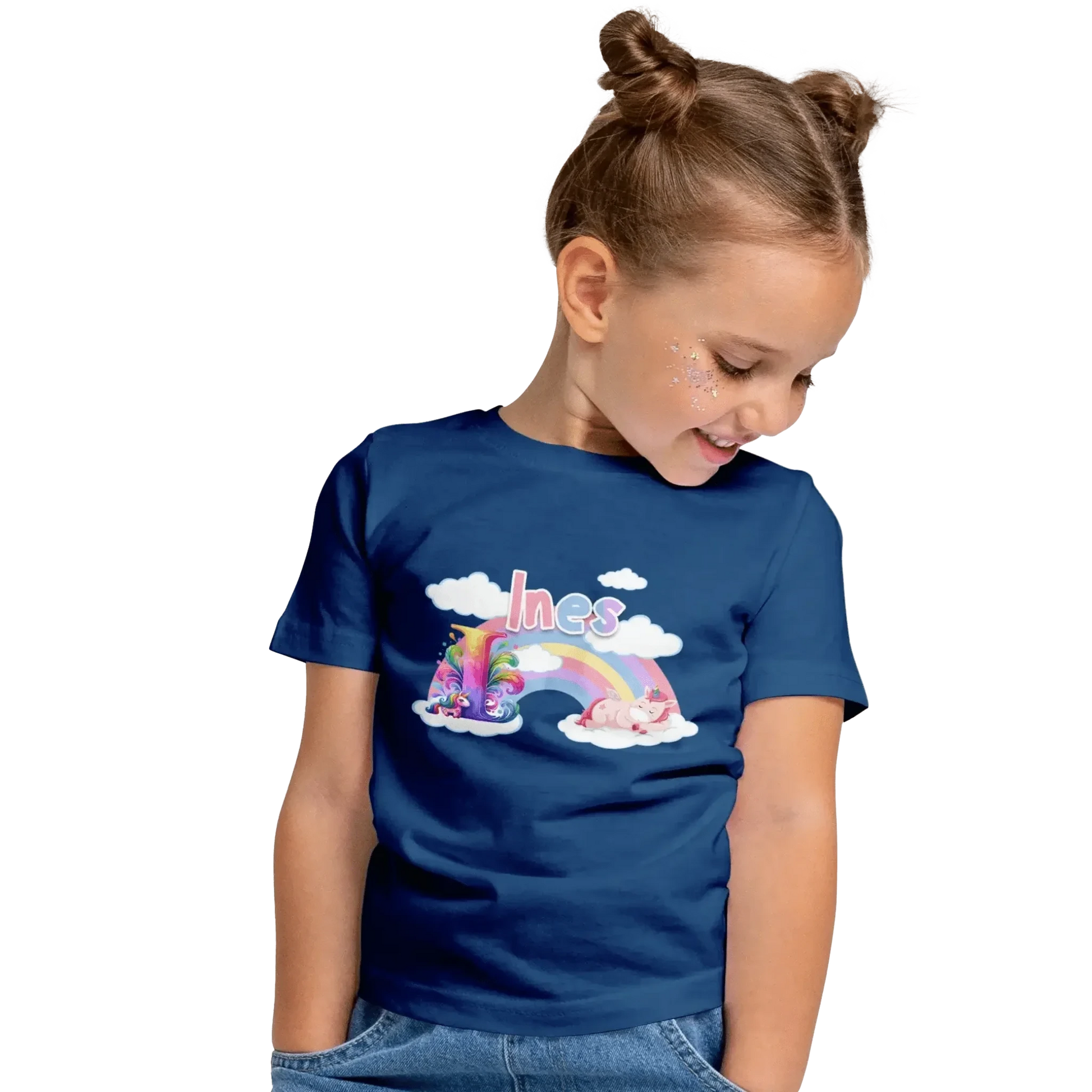 T shirt personnalisé pour fille - Licorne endormie et arc - en - ciel avec prénom et initiale - MiniLook