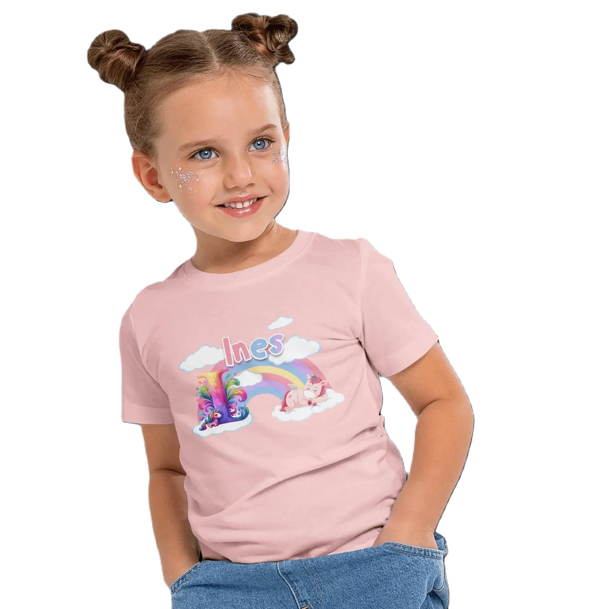 T shirt personnalisé pour fille - Licorne endormie et arc - en - ciel avec prénom et initiale - MiniLook